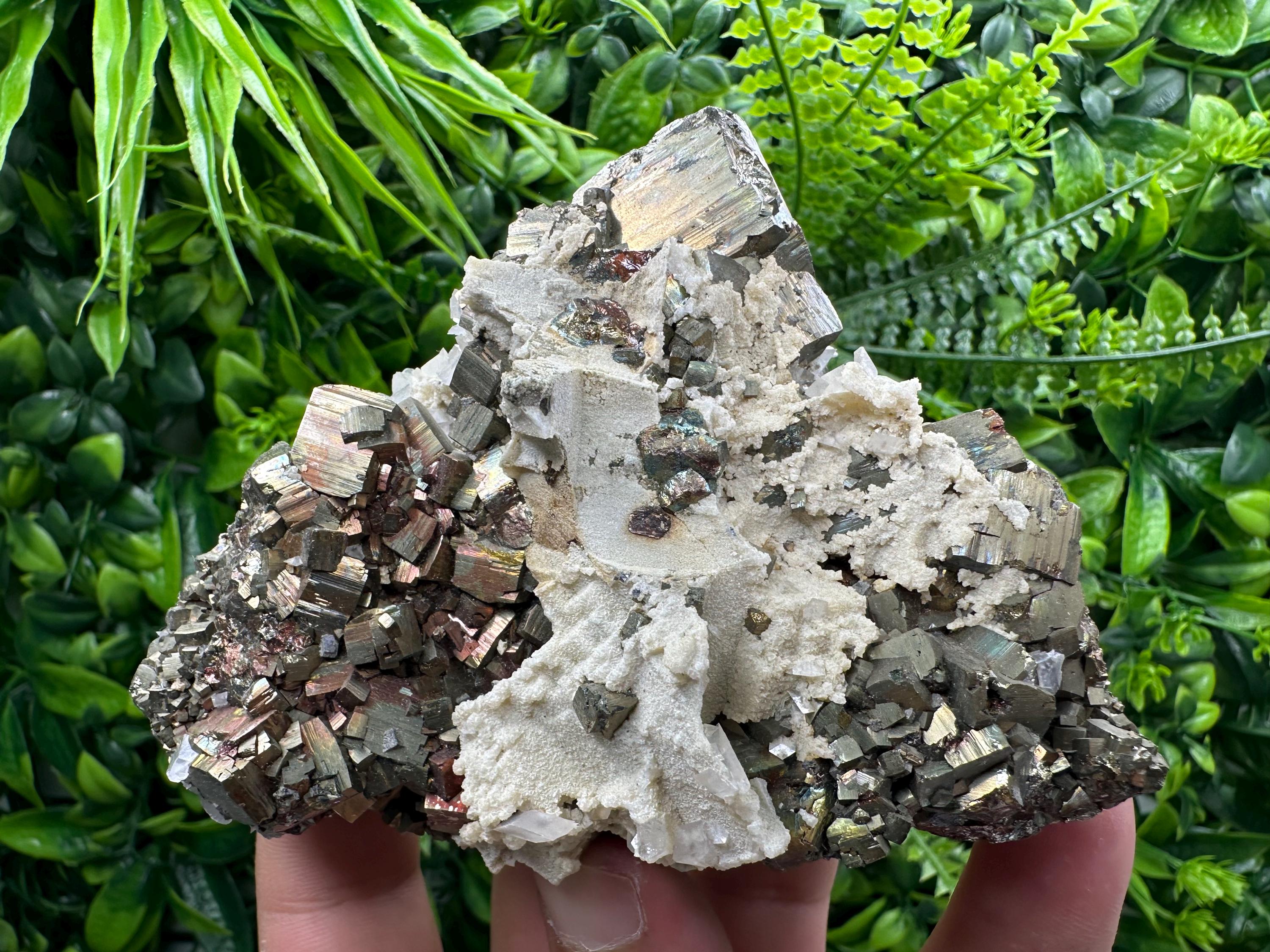 Rainbow Pyrite Cluster with Calcite - Borieva Mine, Bulgaria