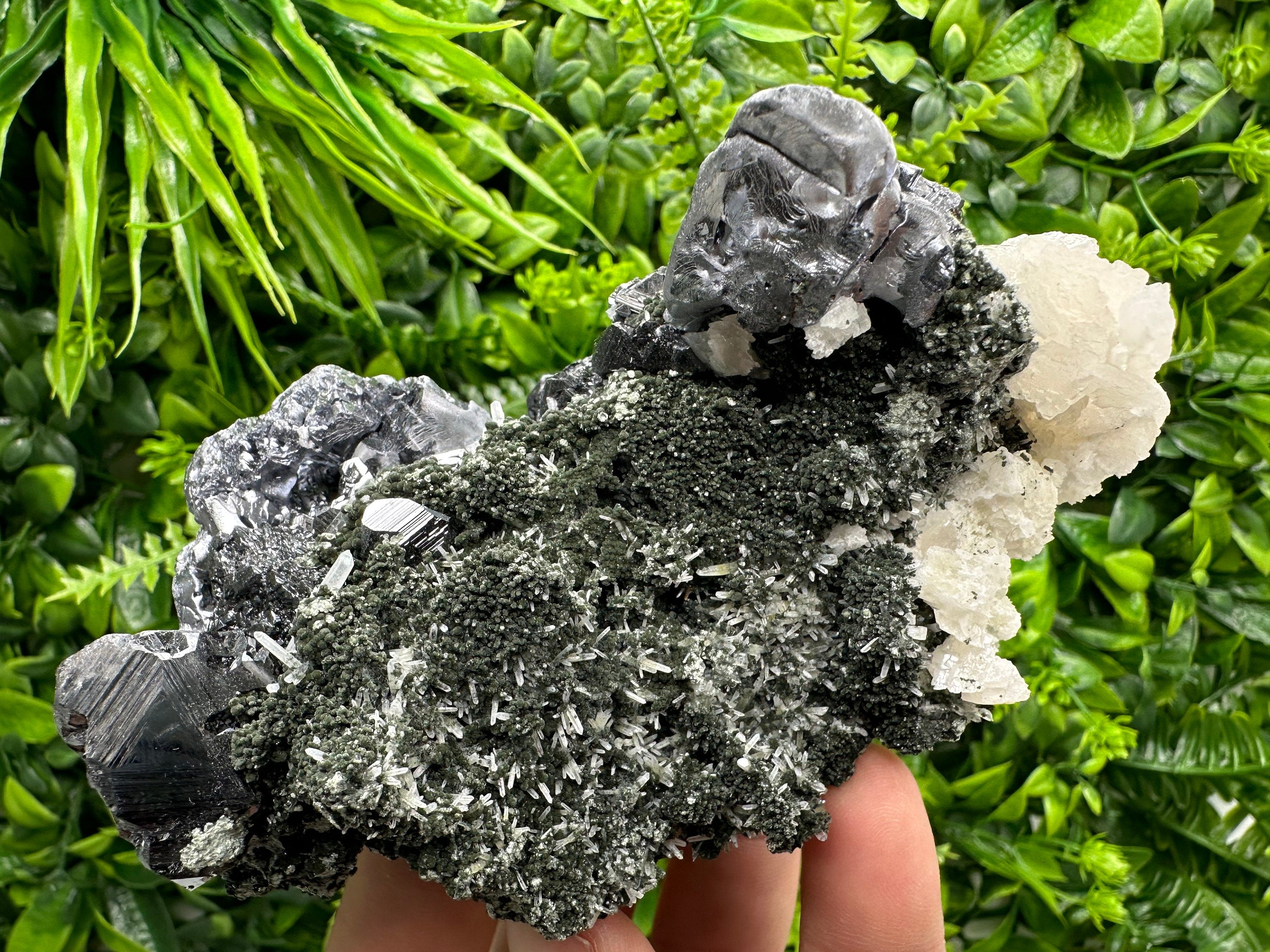 Galena Sphalerite Mineral Specimen, Calcite on Quartz, Bulgarian Crystal