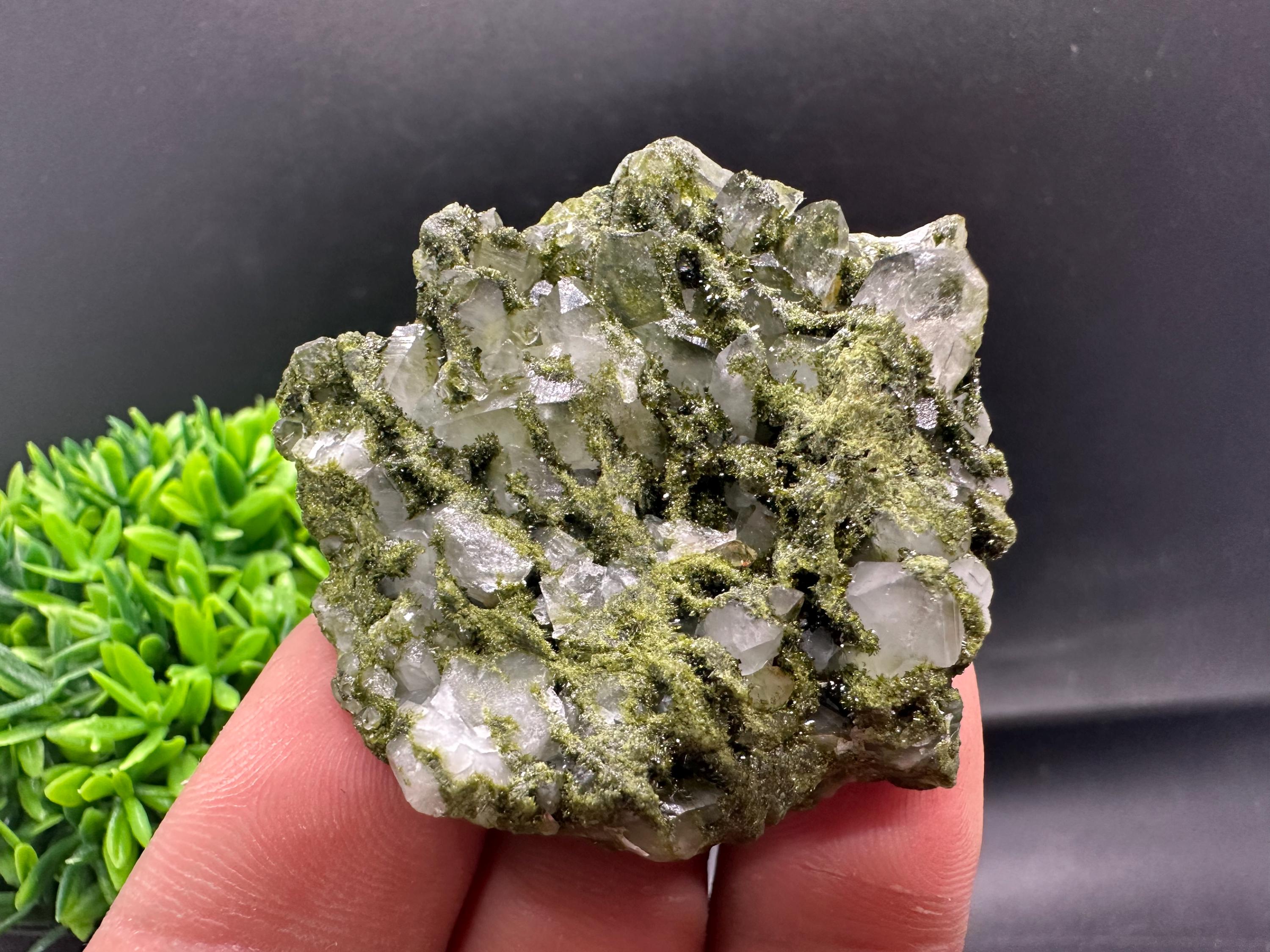 Rare Green Epidote with Quartz Crystals: Sparkly Rainbow Stone, Turkey