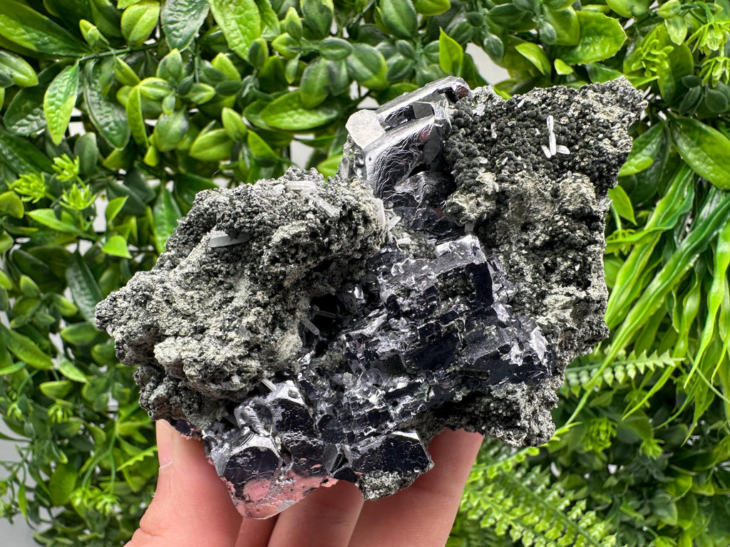 Galena Calcite on Chlorite Matrix Mineral Specimen, Bulgaria