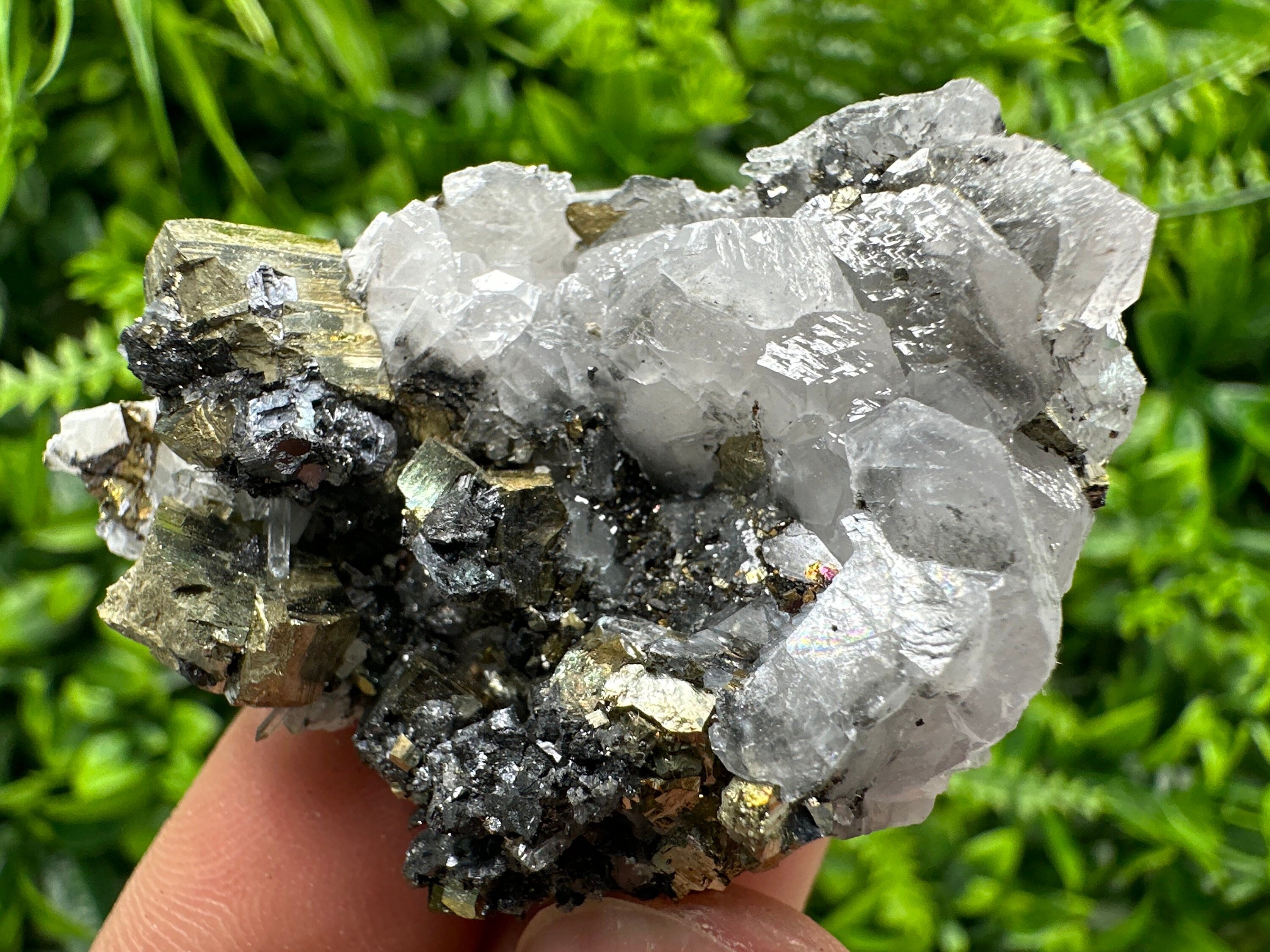 Rainbow Pyrite on Calcite Cluster - Borieva Mine, Bulgaria