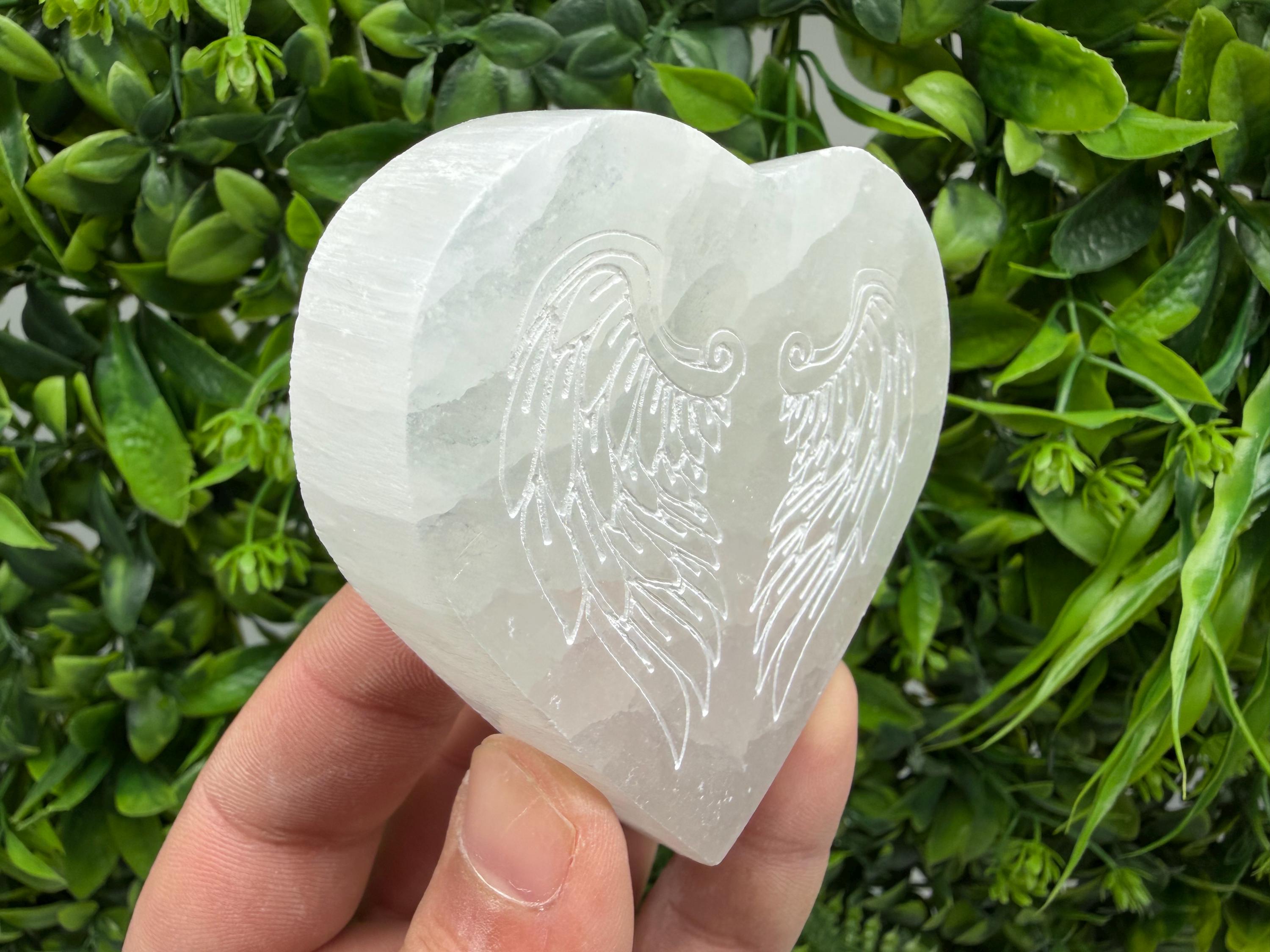 Selenite Heart with Angel Wings Selenite Charging Plate Crystal Charging Dish – Reiki Healing Crystal – Spiritual Altar Decor Angel Energy