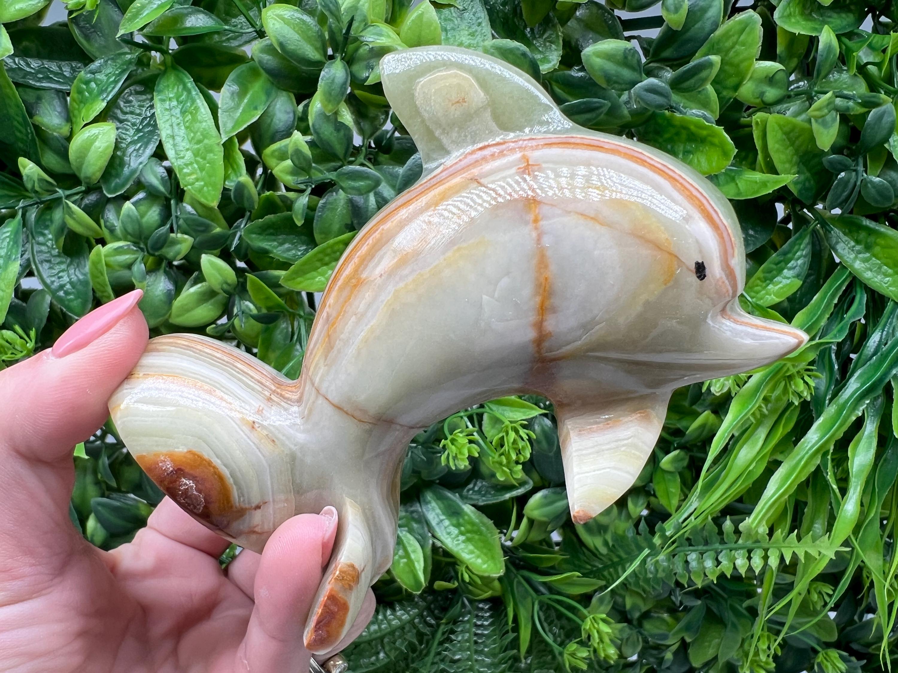 Vintage Onyx Marble Dolphin Figurine: Green & Brown Home Decor