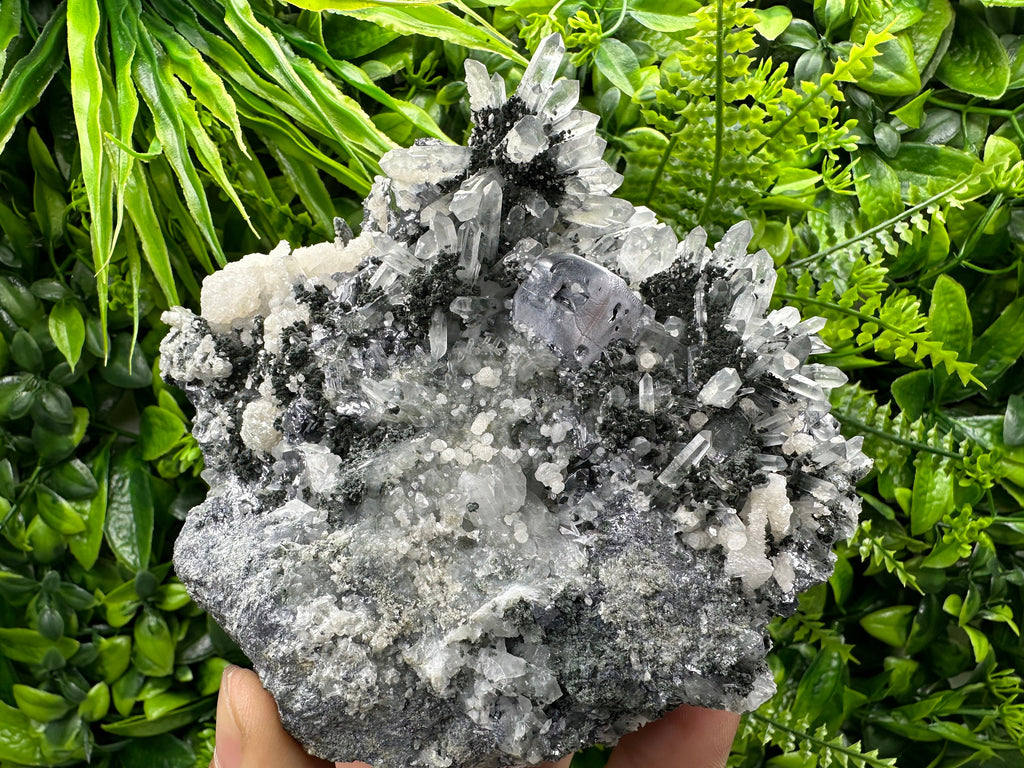 Galena on Quartz with Chlorite and Calcite: Natural Crystal Decor