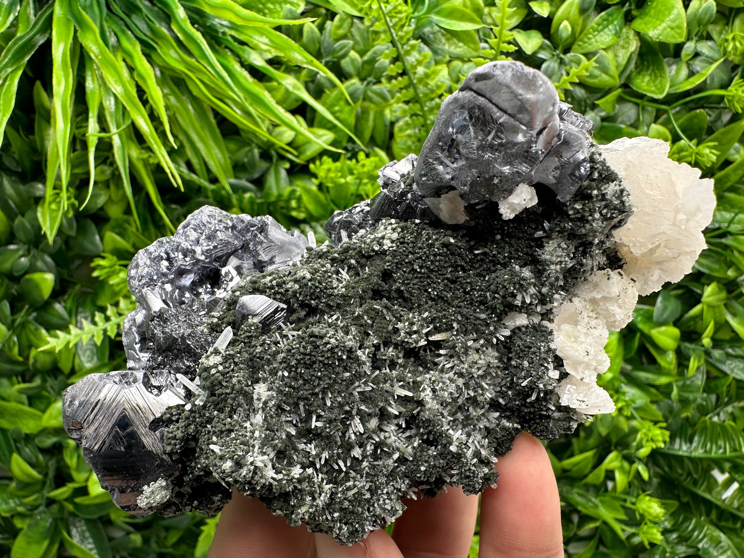 Galena Sphalerite Mineral Specimen, Calcite on Quartz, Bulgarian Crystal