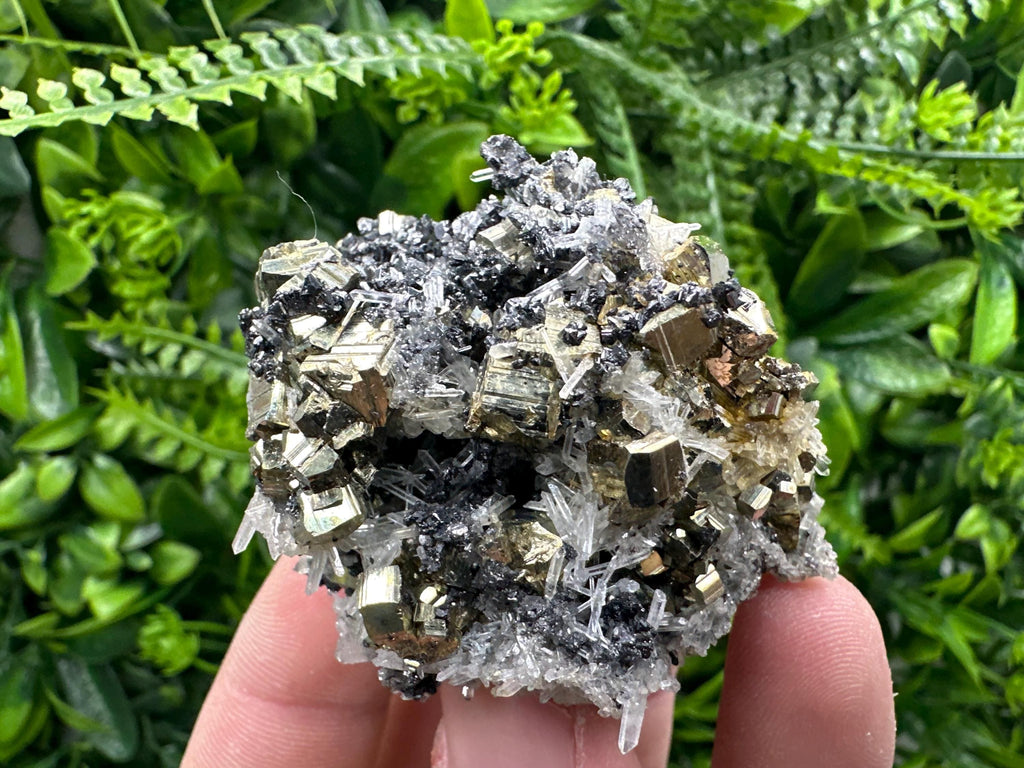 Rainbow Pyrite Cluster on Sphalerite Quartz, Borieva Mine Mineral Specimen