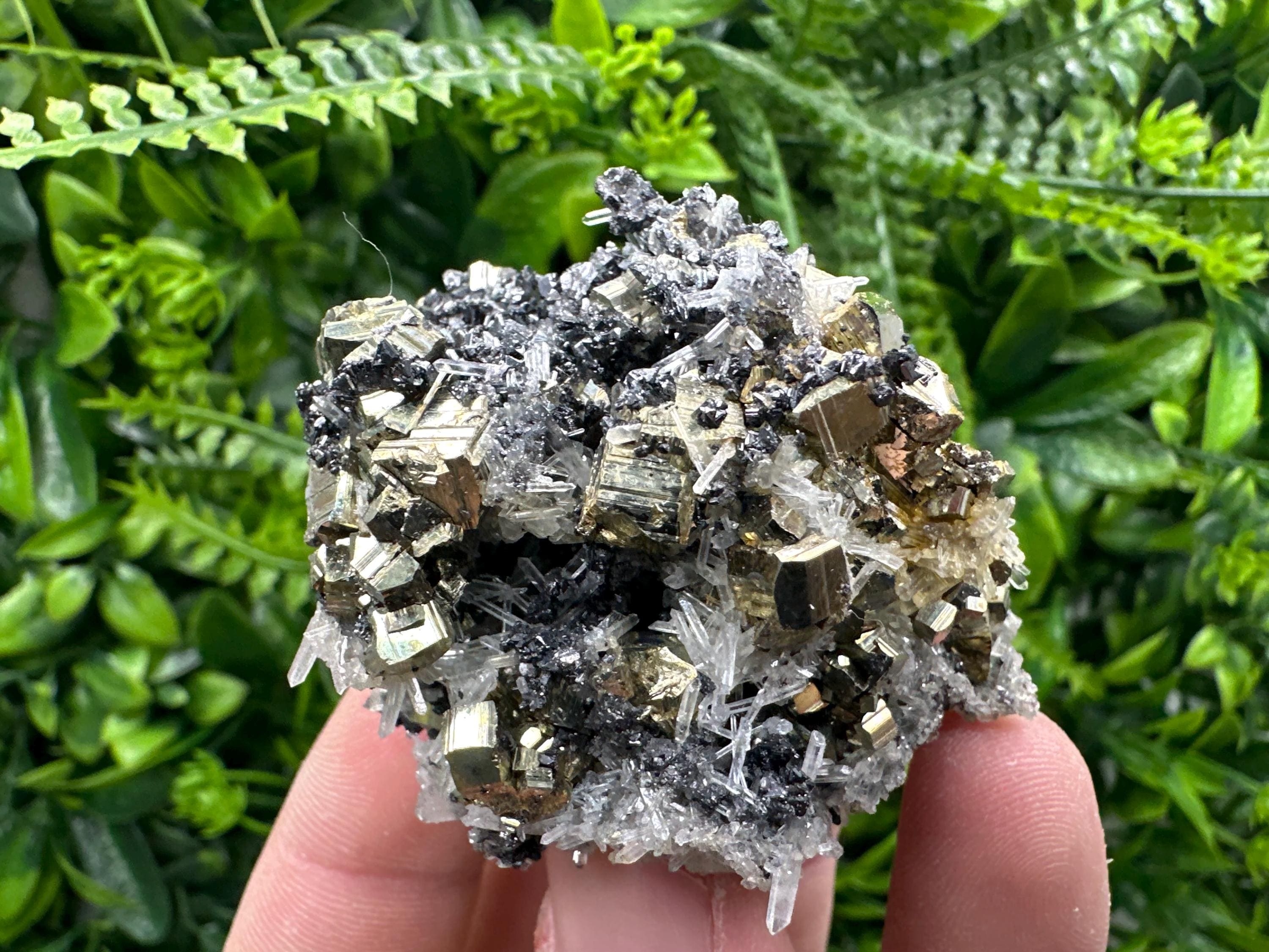 Rainbow Pyrite Cluster on Sphalerite Quartz, Borieva Mine Mineral Specimen