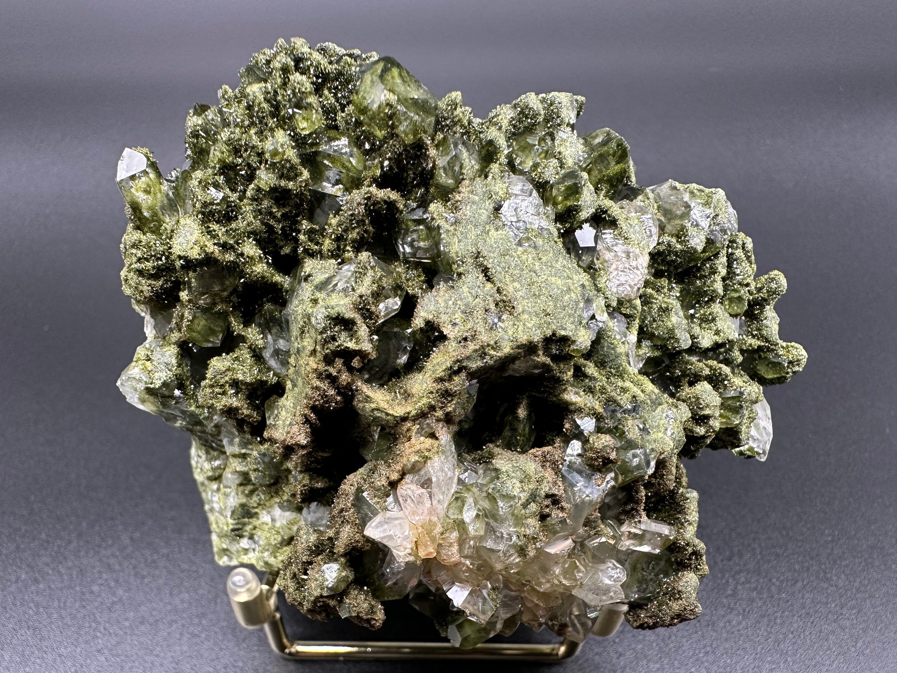 Rare Green Epidote with Quartz Crystals: Sparkly Rainbow Mineral Decor