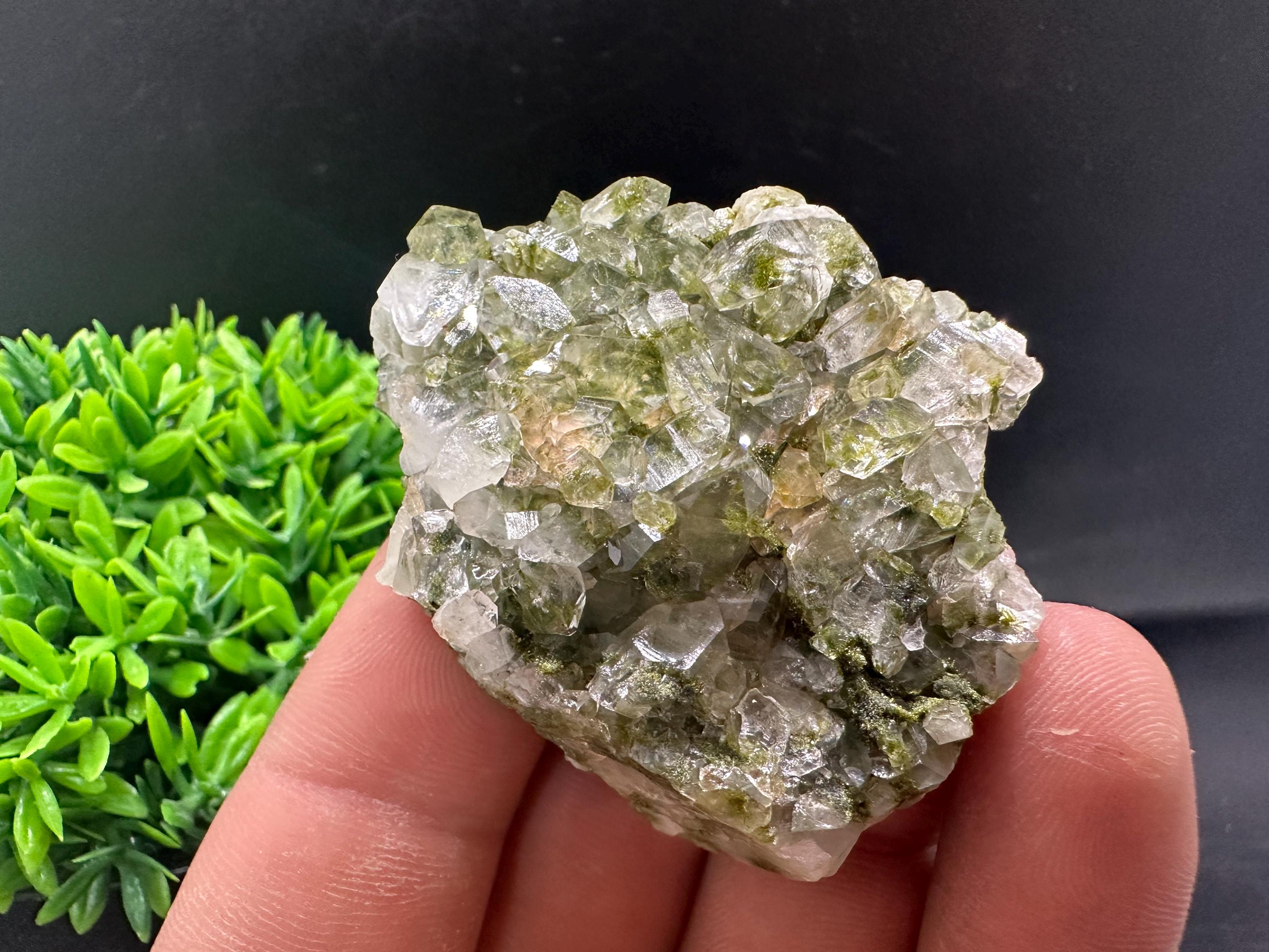 Rare Green Epidote with Quartz Crystals: Sparkly Rainbow Mineral Decor