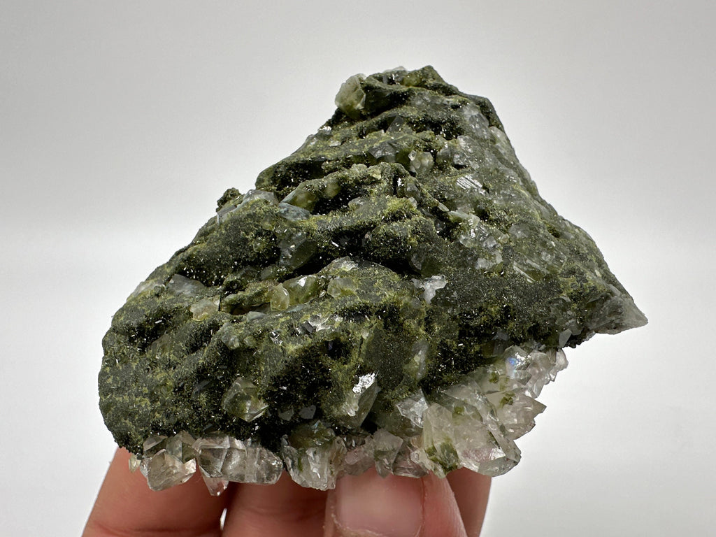 Rare Green Epidote with Quartz Crystals: Sparkly Rainbow Mineral Decor