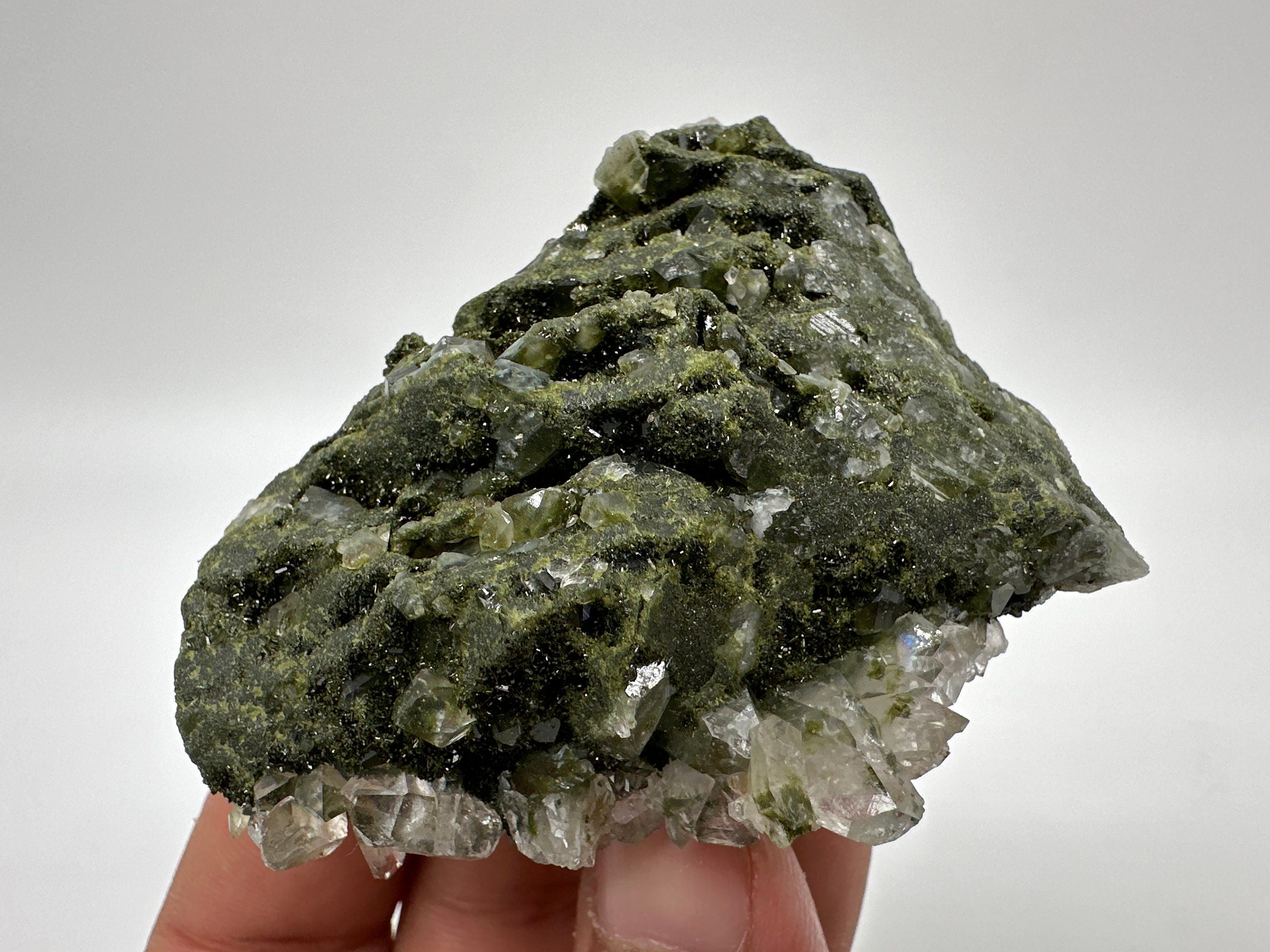 Rare Green Epidote with Quartz Crystals: Sparkly Rainbow Mineral Decor