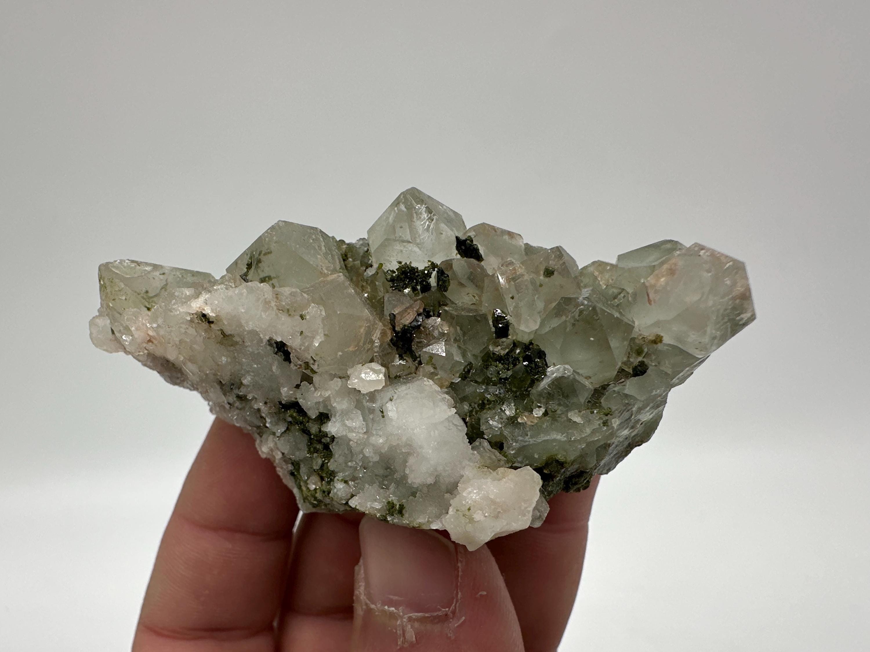 Rare Green Epidote with Quartz Crystals: Sparkly Rainbow Mineral Decor