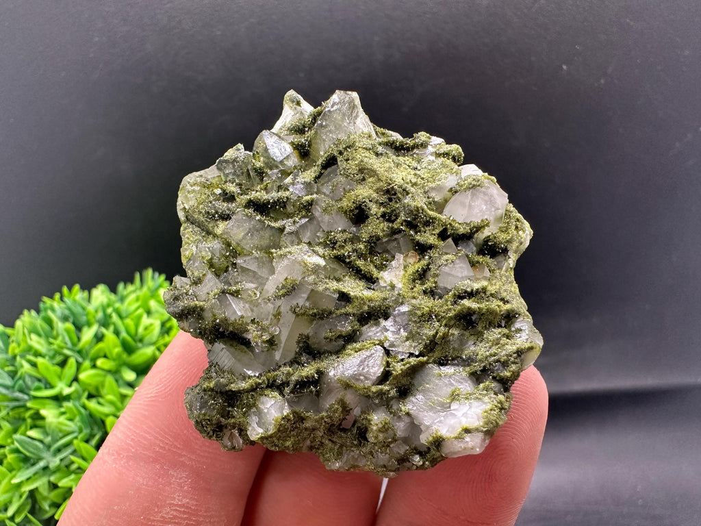 Rare Green Epidote with Quartz Crystals: Sparkly Rainbow Stone, Turkey