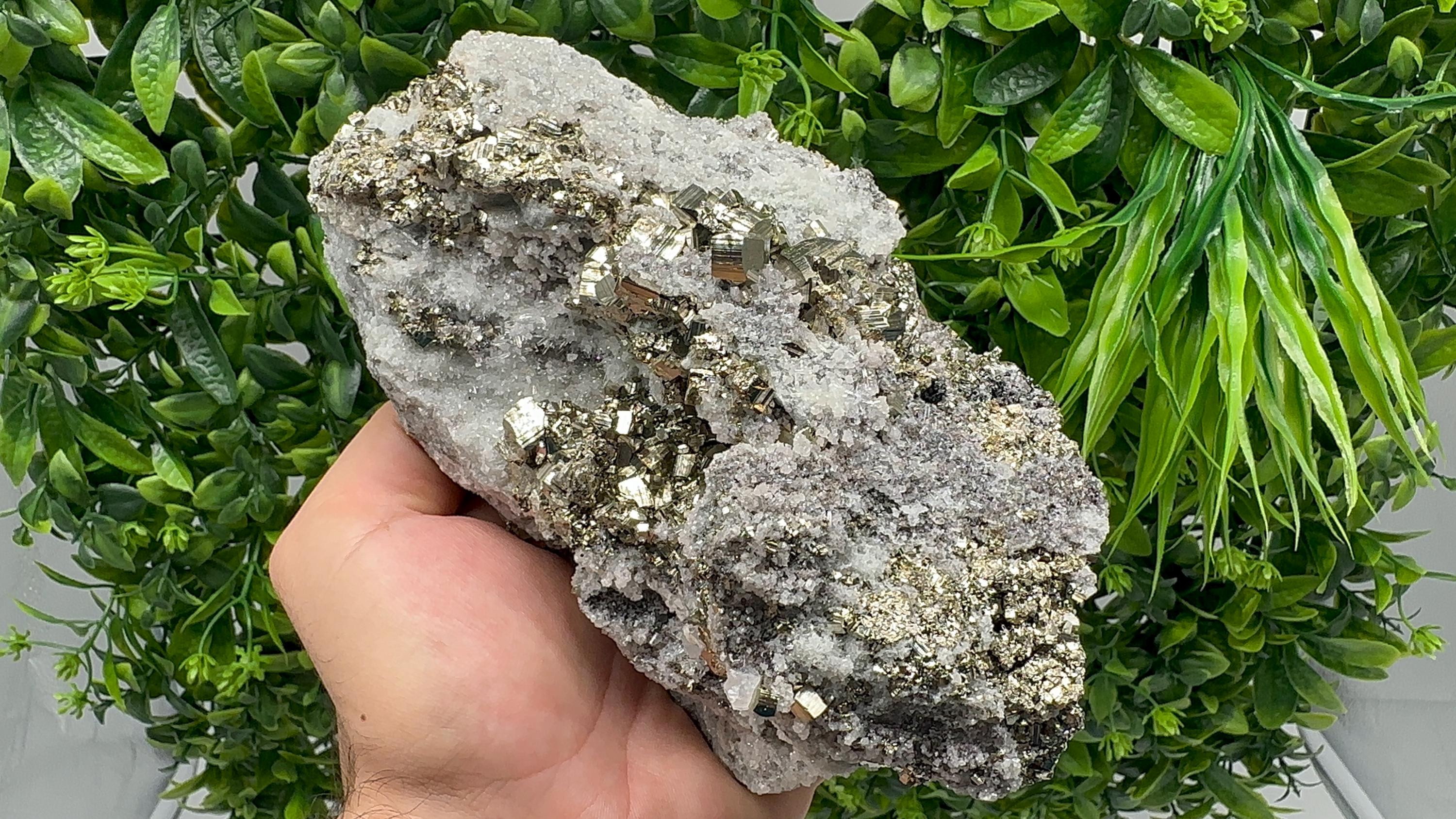 Pyrite on Quartz, Calcite Mineral Specimen, Home Decor Stone