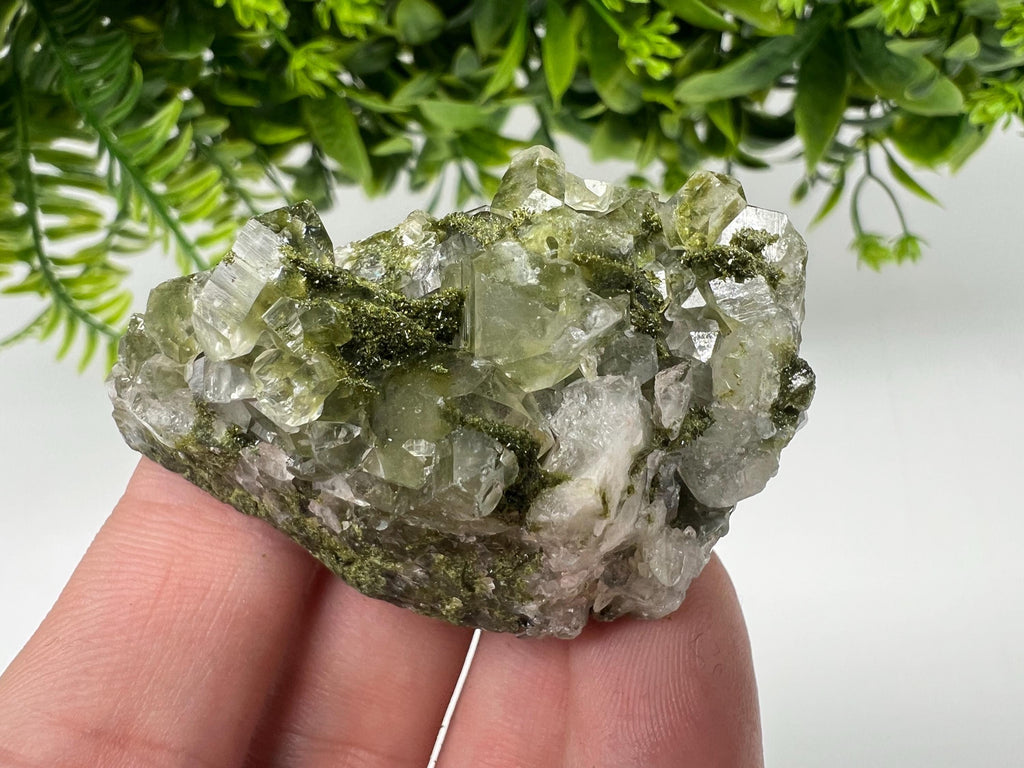 Green Epidote with Quartz Crystals: Sparkly Rainbow Stone, Turkey
