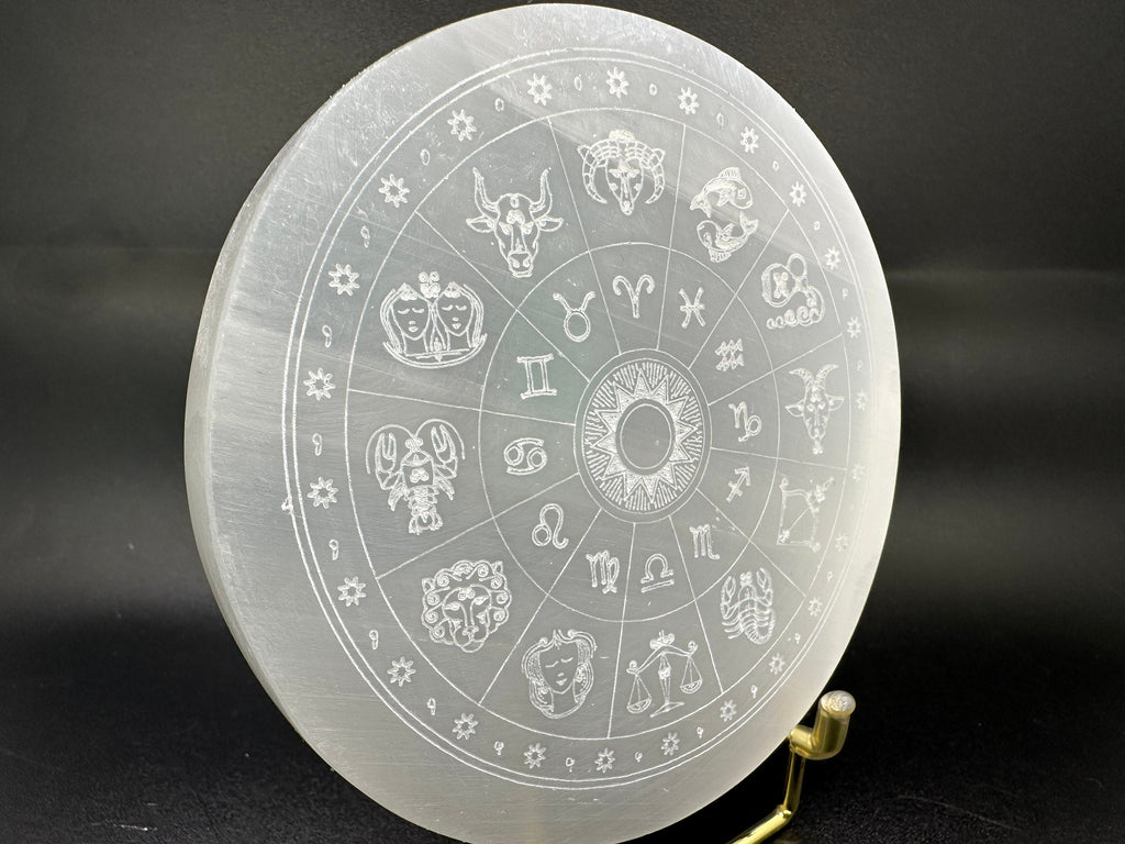 Natural Selenite Zodiac Disc: Engraved Crystal Healing Decor (10/10cm)
