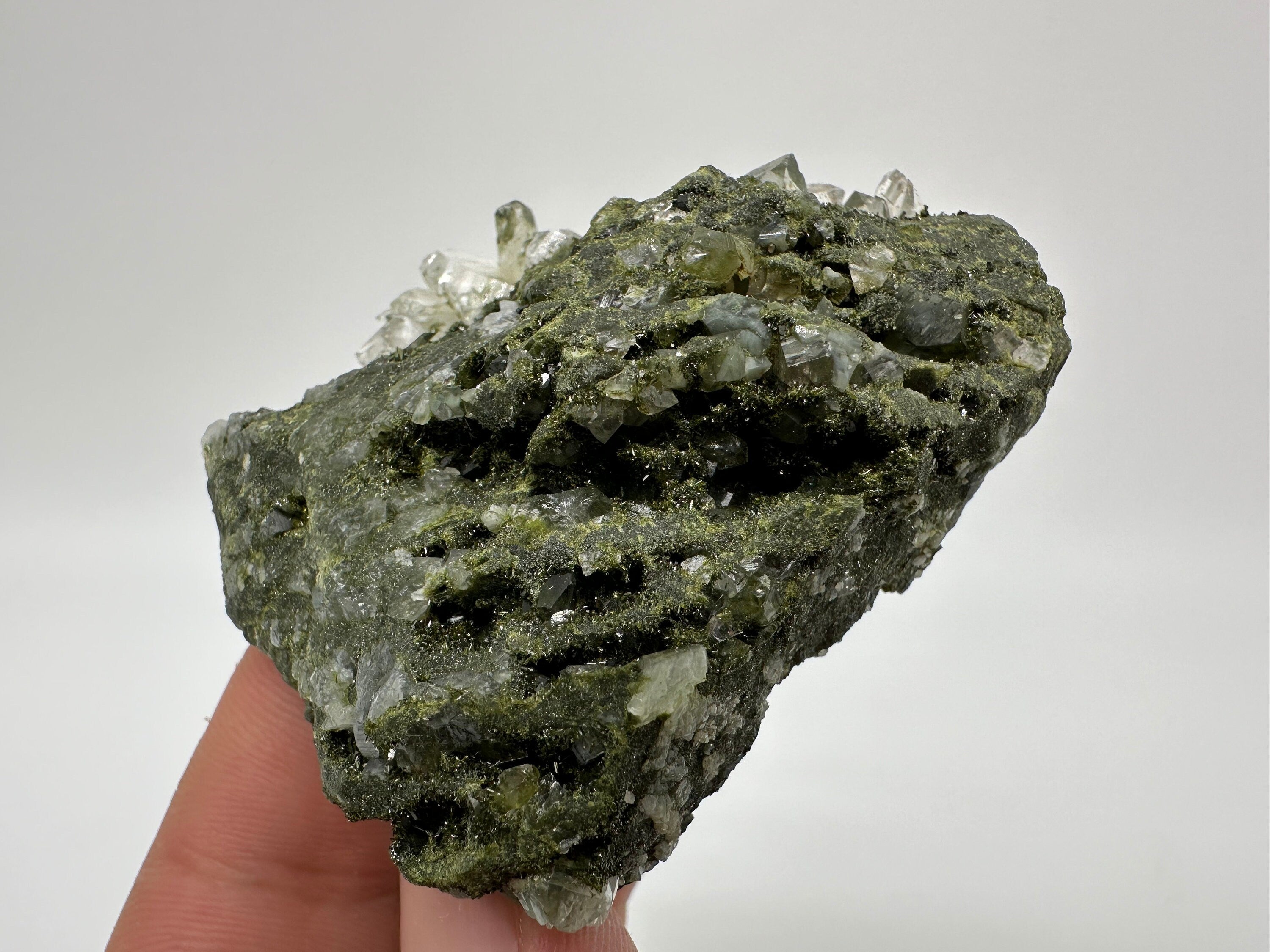 Rare Green Epidote with Quartz Crystals: Sparkly Rainbow Mineral Decor
