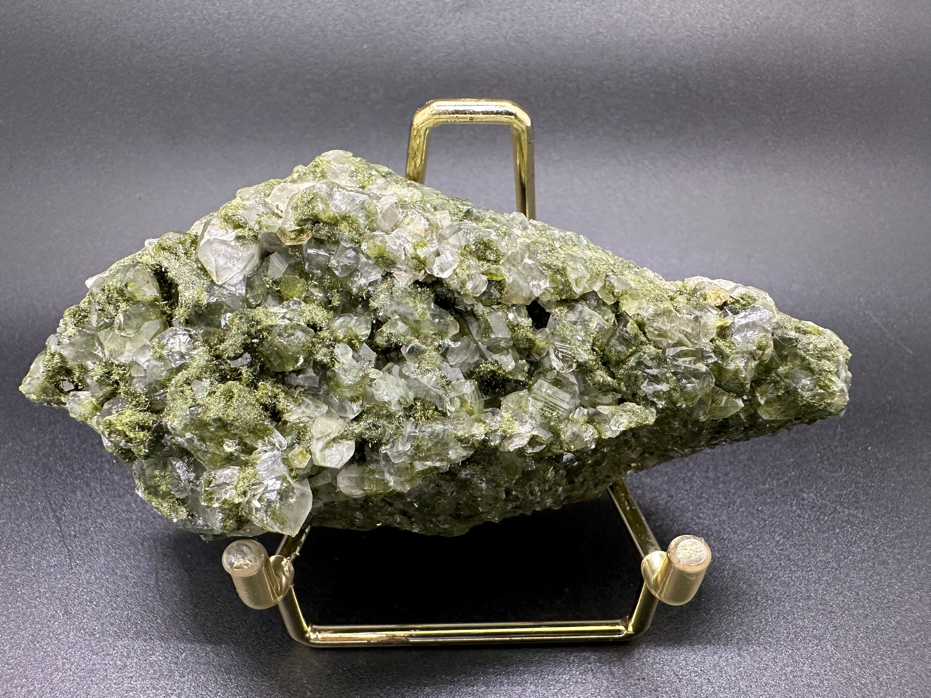 Rare Green Epidote with Quartz Crystals: Sparkly Rainbow Mineral Decor