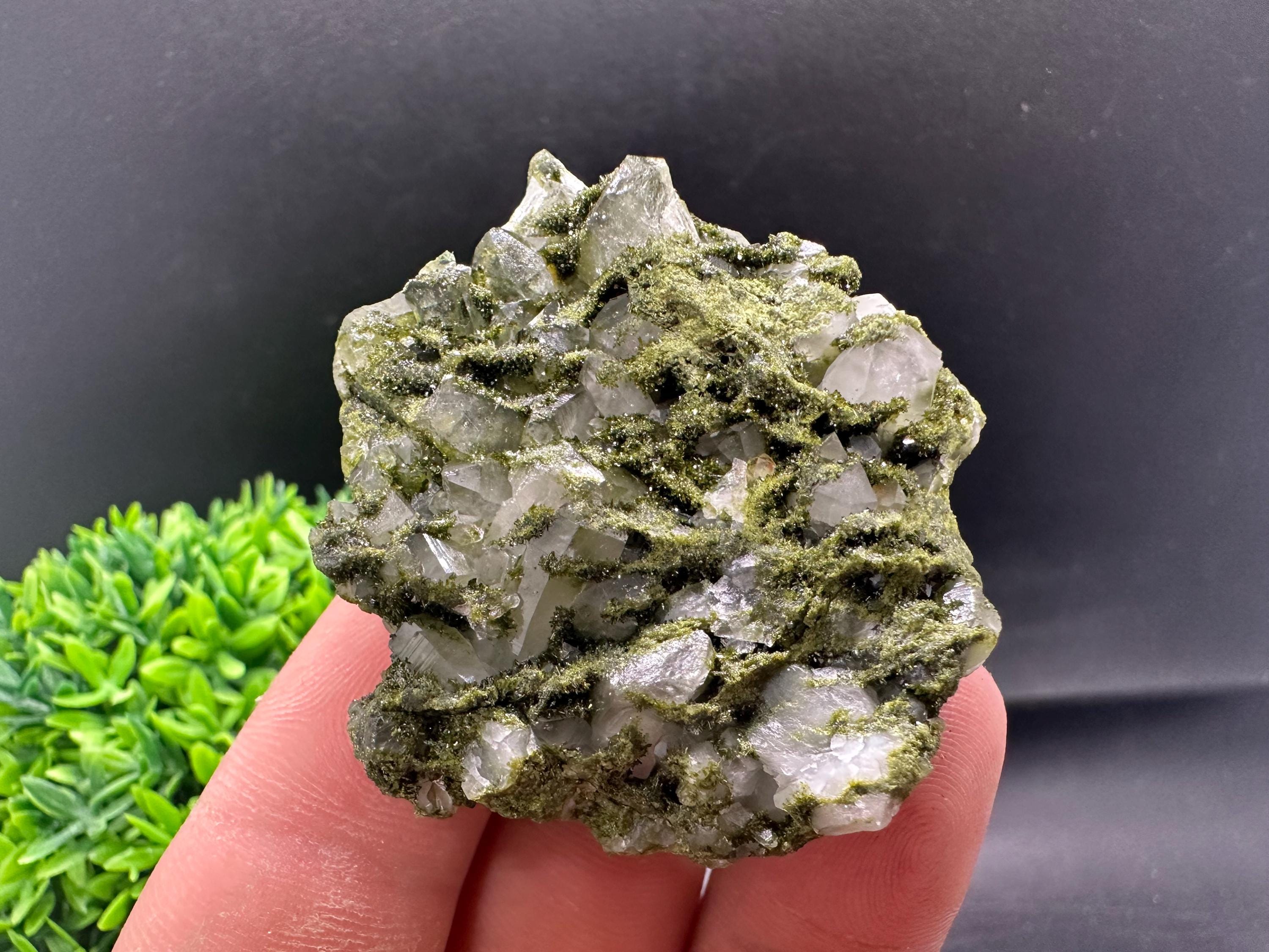 Rare Green Epidote with Quartz Crystals: Sparkly Rainbow Stone, Turkey