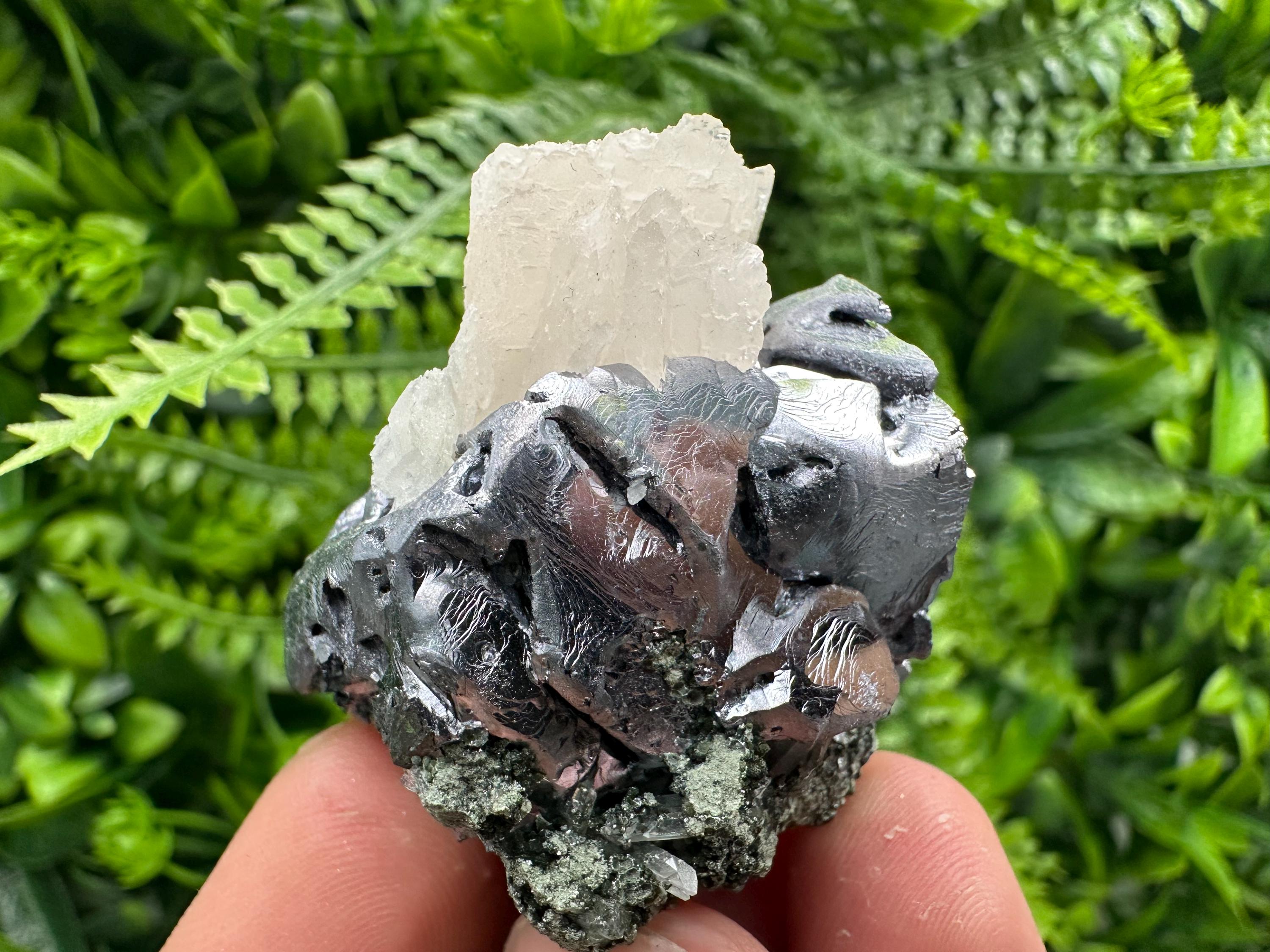 Shiny Galena with Calcite on Quartz, Chlorite Specimen