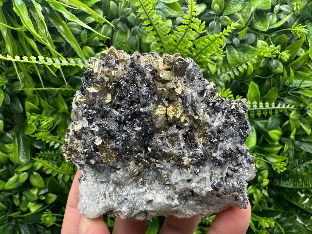 Rainbow Pyrite Cluster on Sphalerite Quartz, Borieva Mine Bulgaria