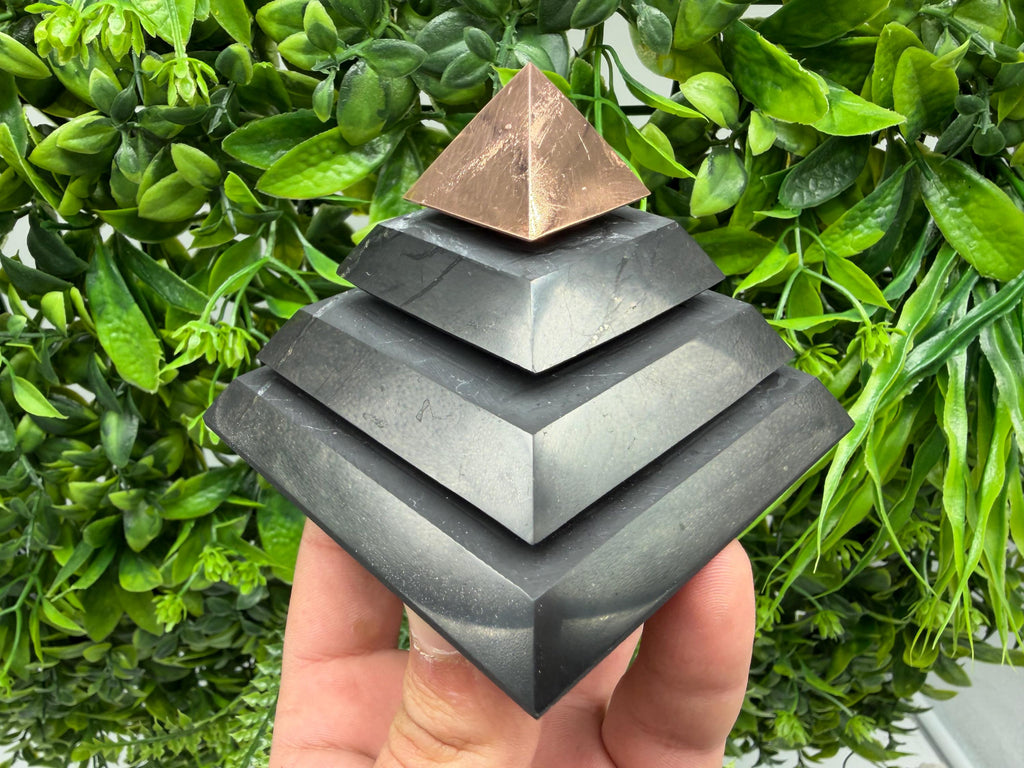 Polished Shungite Pyramid, Sacred Geometry, EMF Protection whit copper peak 8 cm