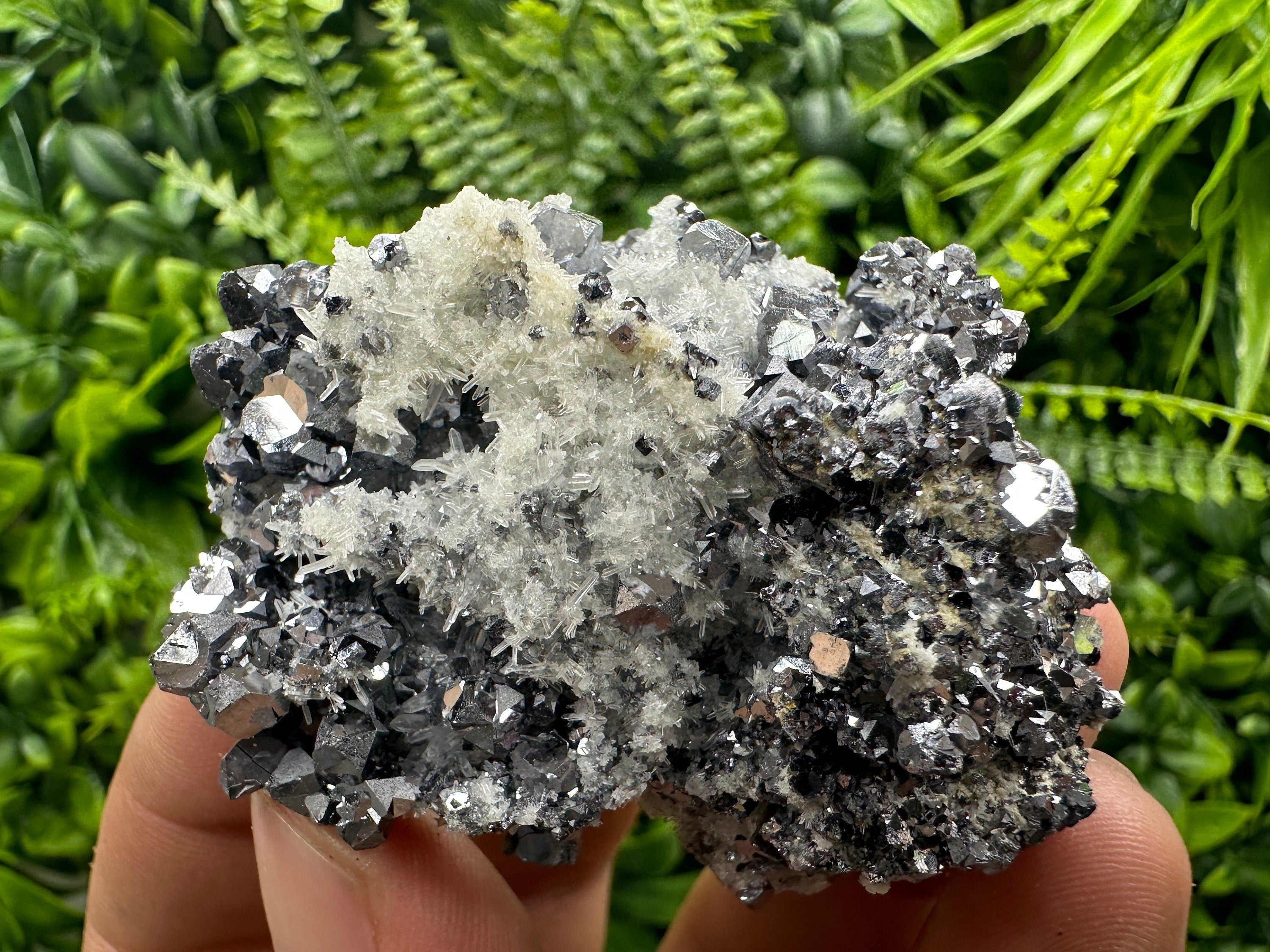 Shiny Galena on Quartz: Natural Crystal Mineral Decor