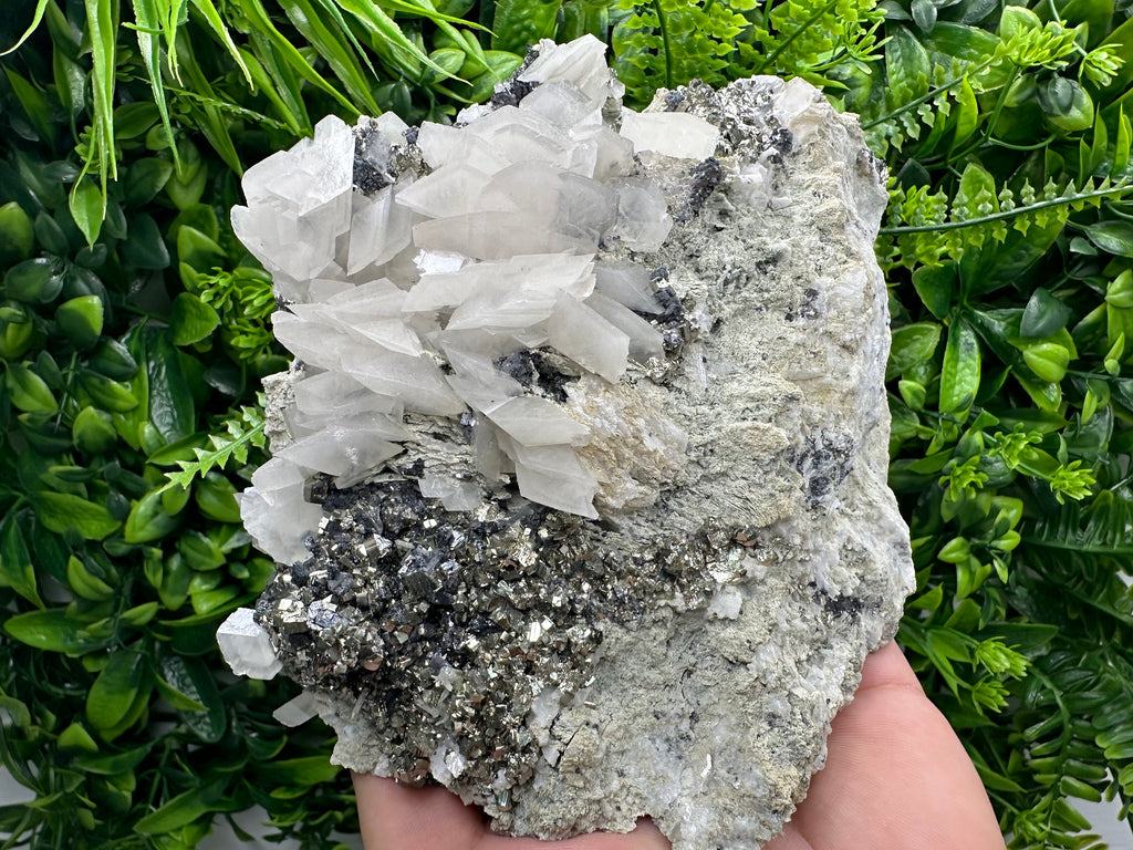 Golden Pyrite with Calcite on Matrix, Borieva Mine Mineral Specimen