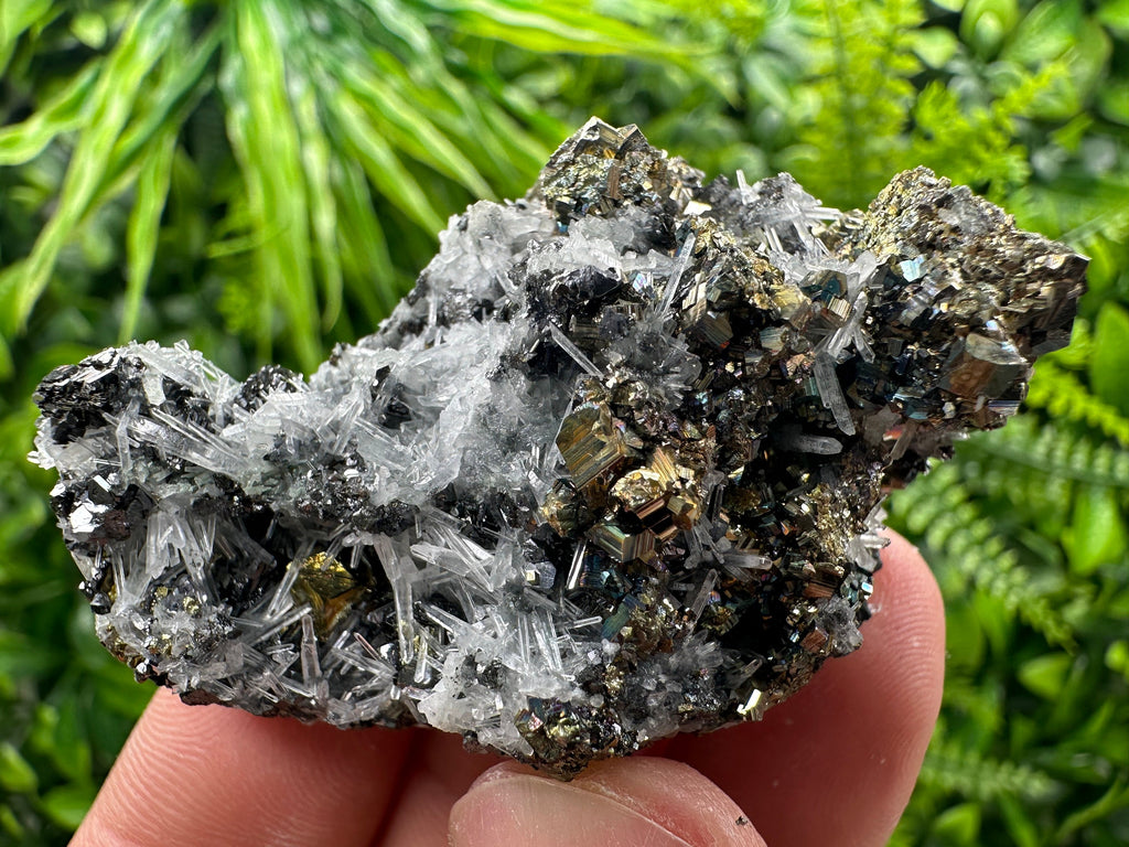 Rainbow Pyrite Sphalerite on Quartz: Natural Crystal Home Decor