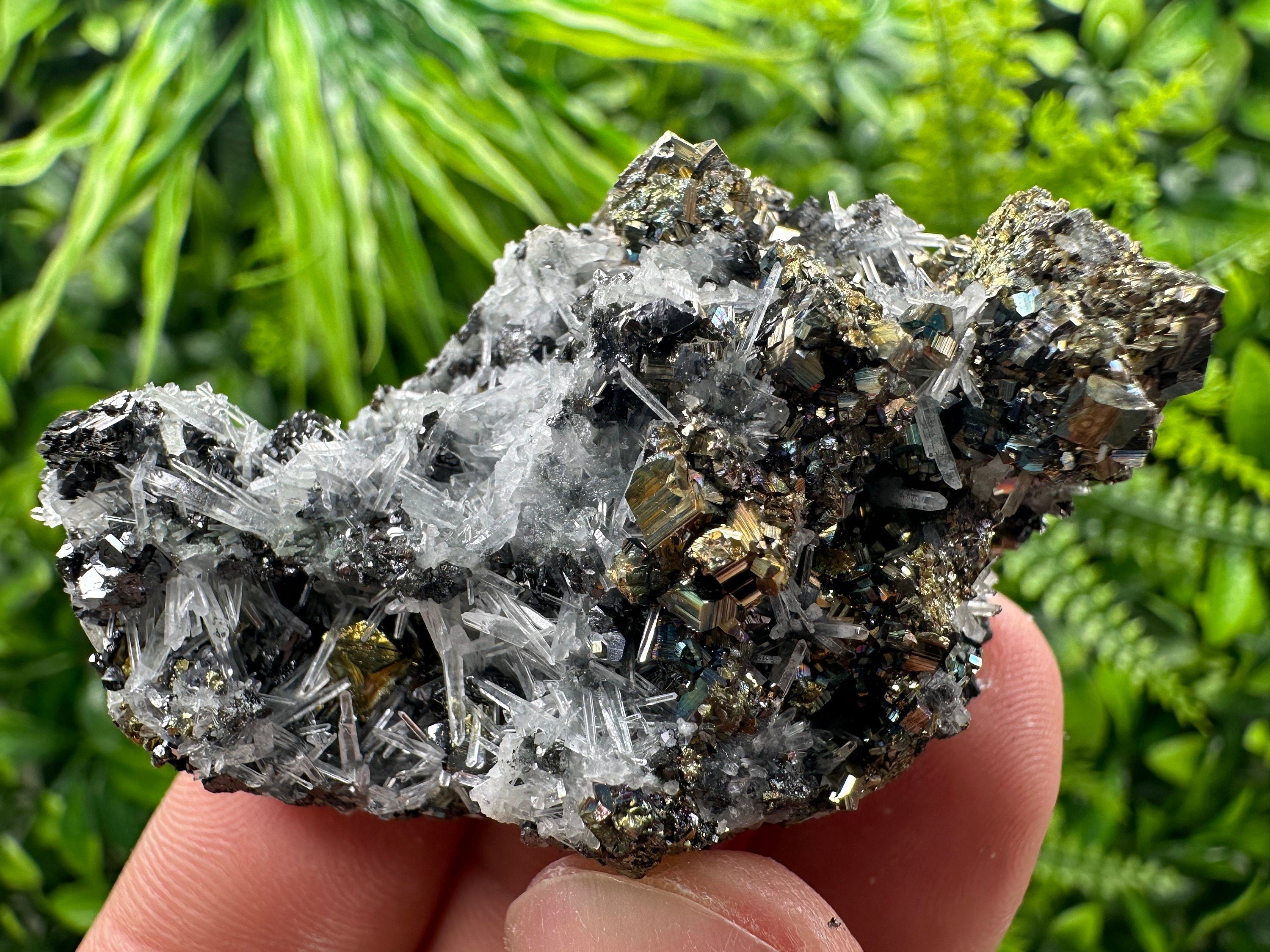 Rainbow Pyrite Sphalerite on Quartz: Natural Crystal Home Decor