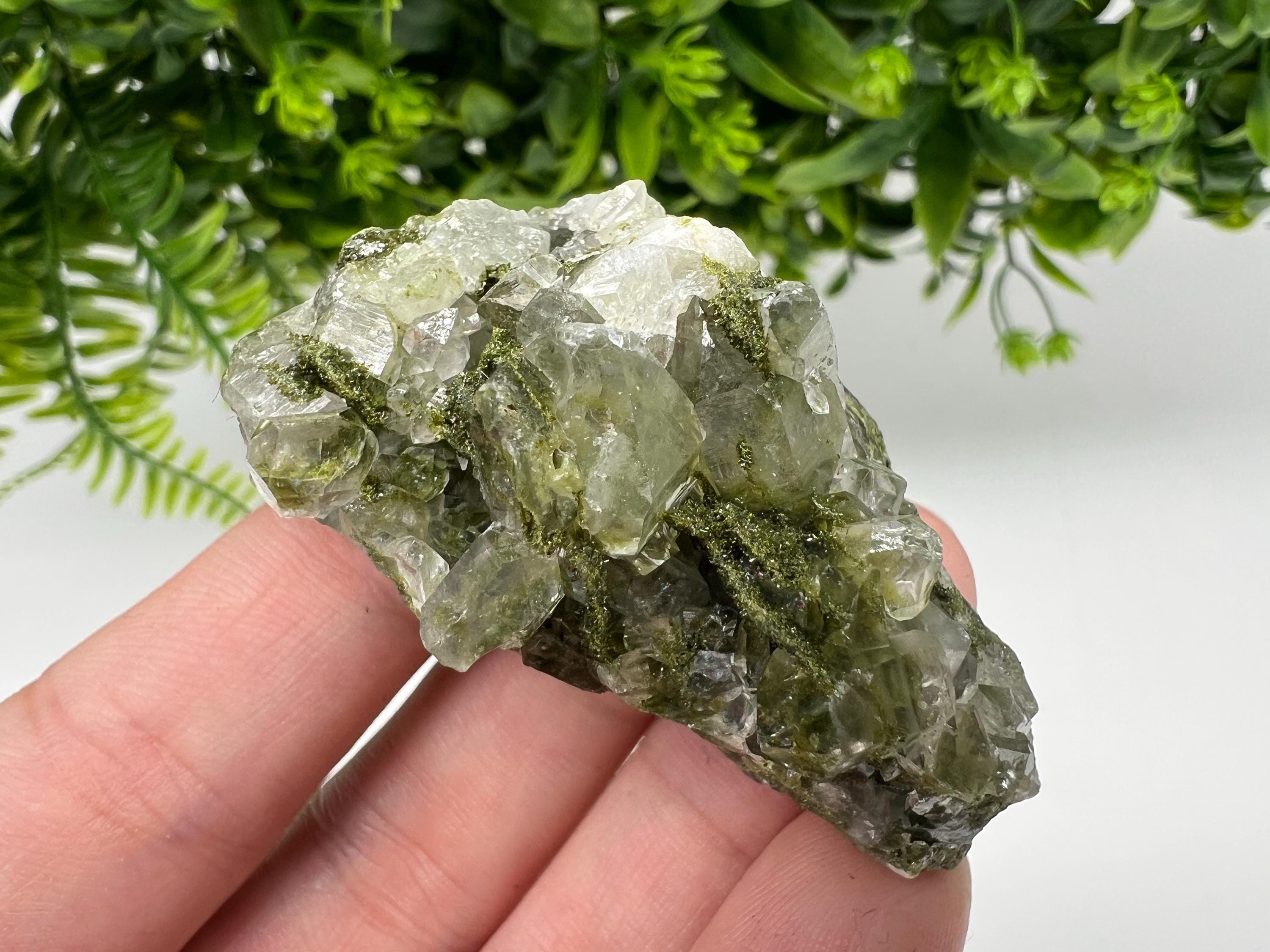 Green Epidote with Quartz Crystals: Sparkly Rainbow Stone, Turkey