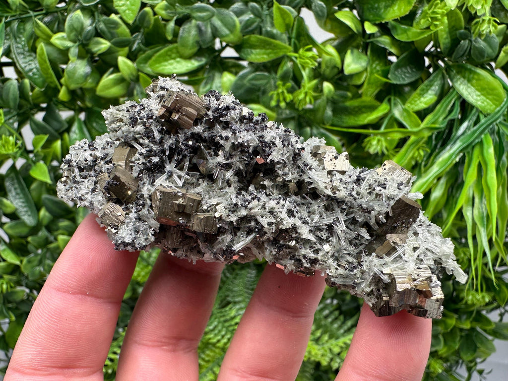 Pyrite on Needle Quartz Mineral Specimen, Borieva Mine, Bulgaria