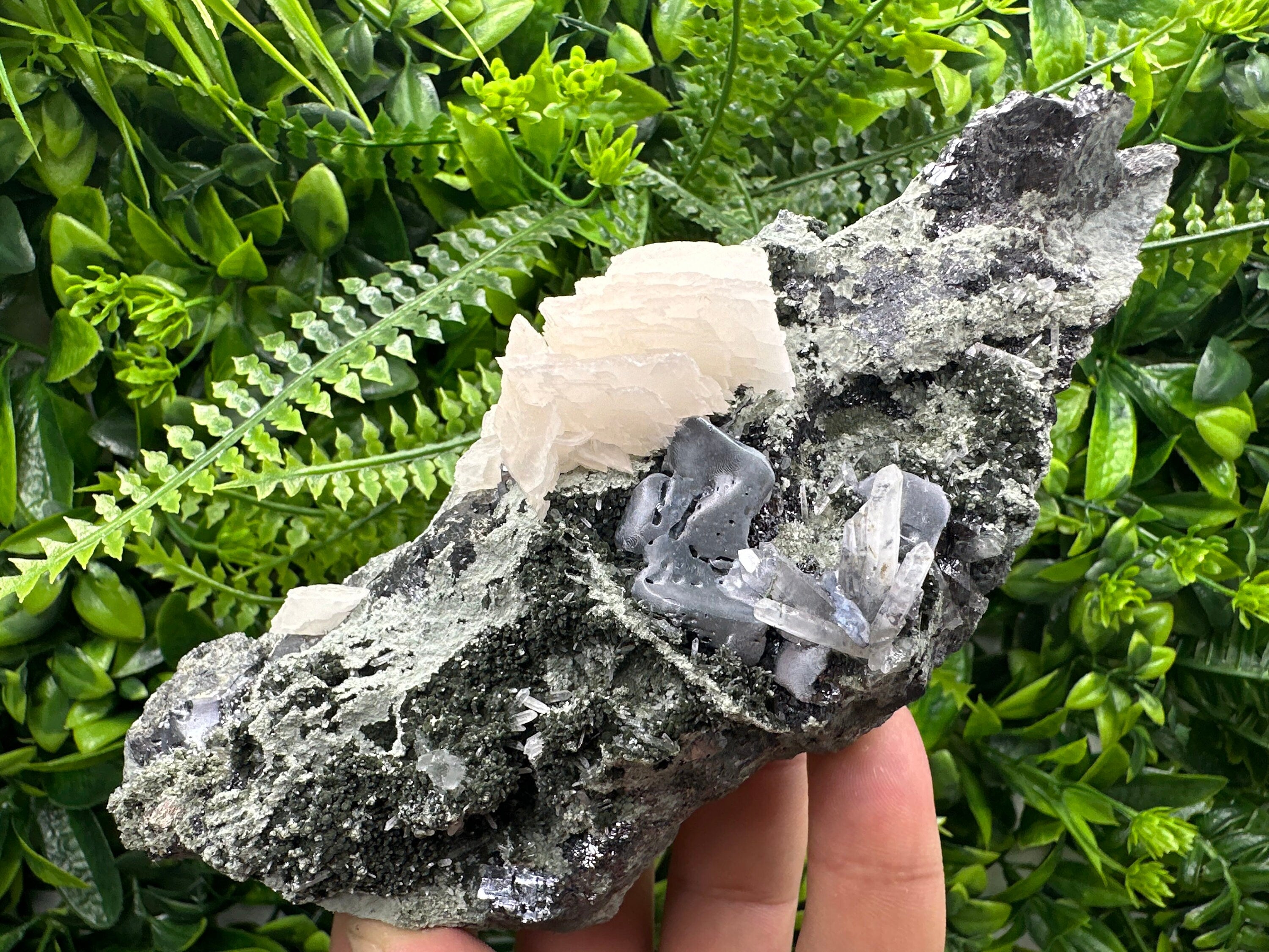 Galena Calcite on Quartz Cluster, Borieva Mine Mineral Specimen