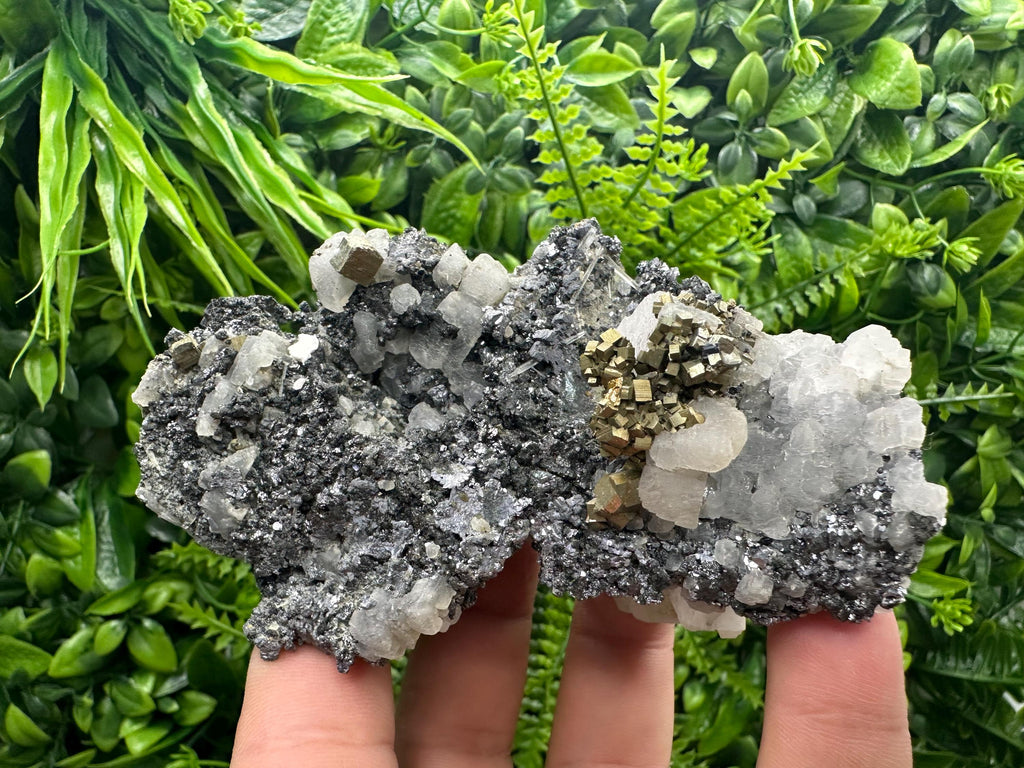 Calcite Quartz Pyrite on Sphalerite, Natural Mineral Specimen