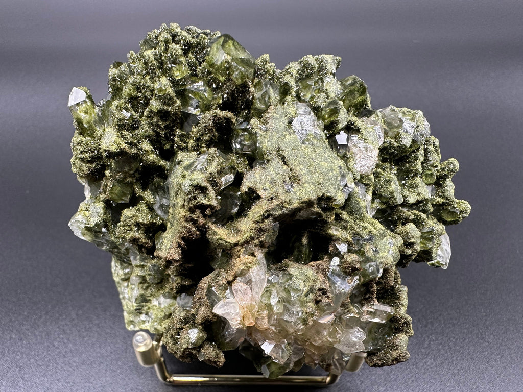 Rare Green Epidote with Quartz Crystals: Sparkly Rainbow Mineral Decor