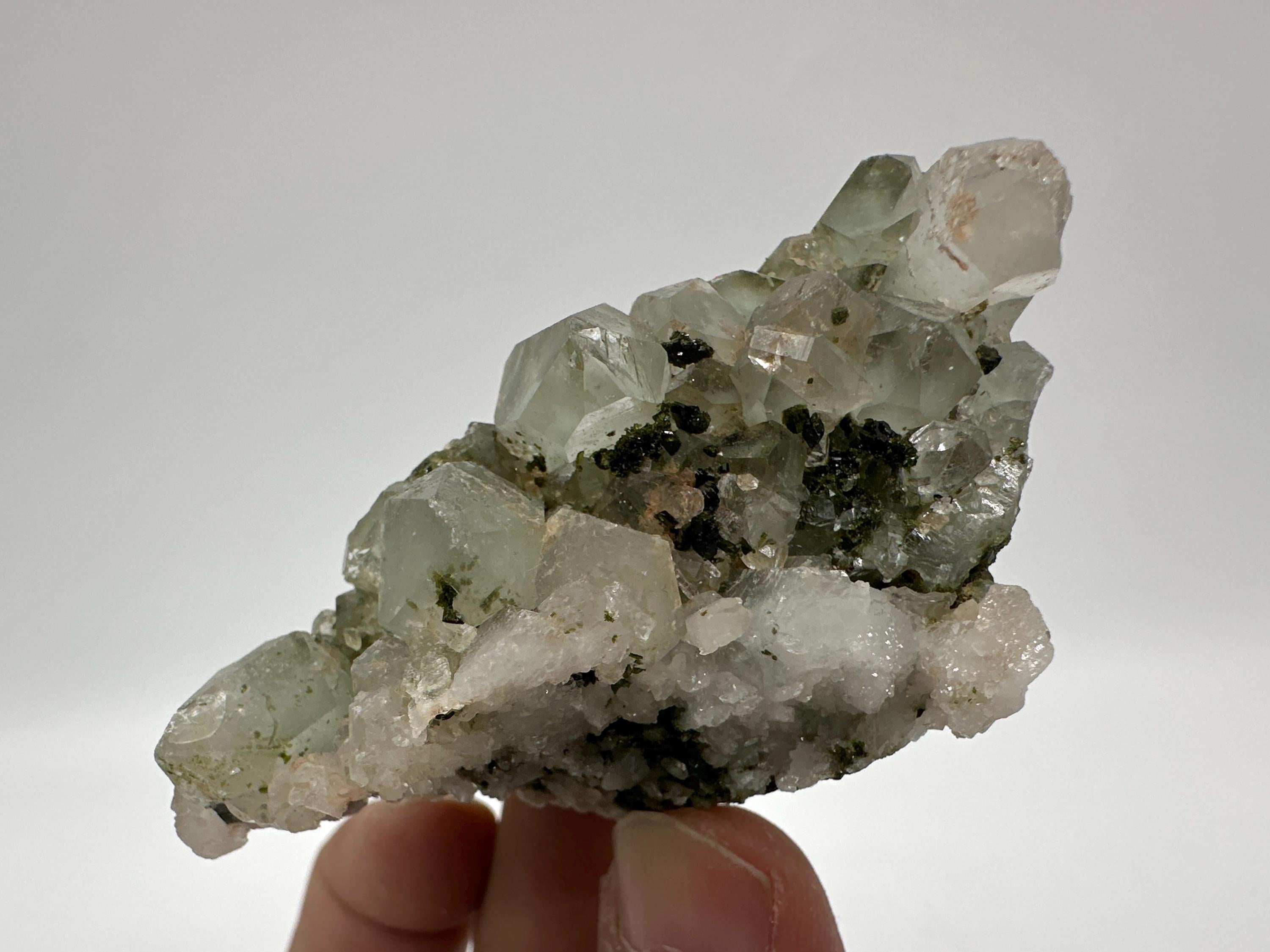Rare Green Epidote with Quartz Crystals: Sparkly Rainbow Mineral Decor