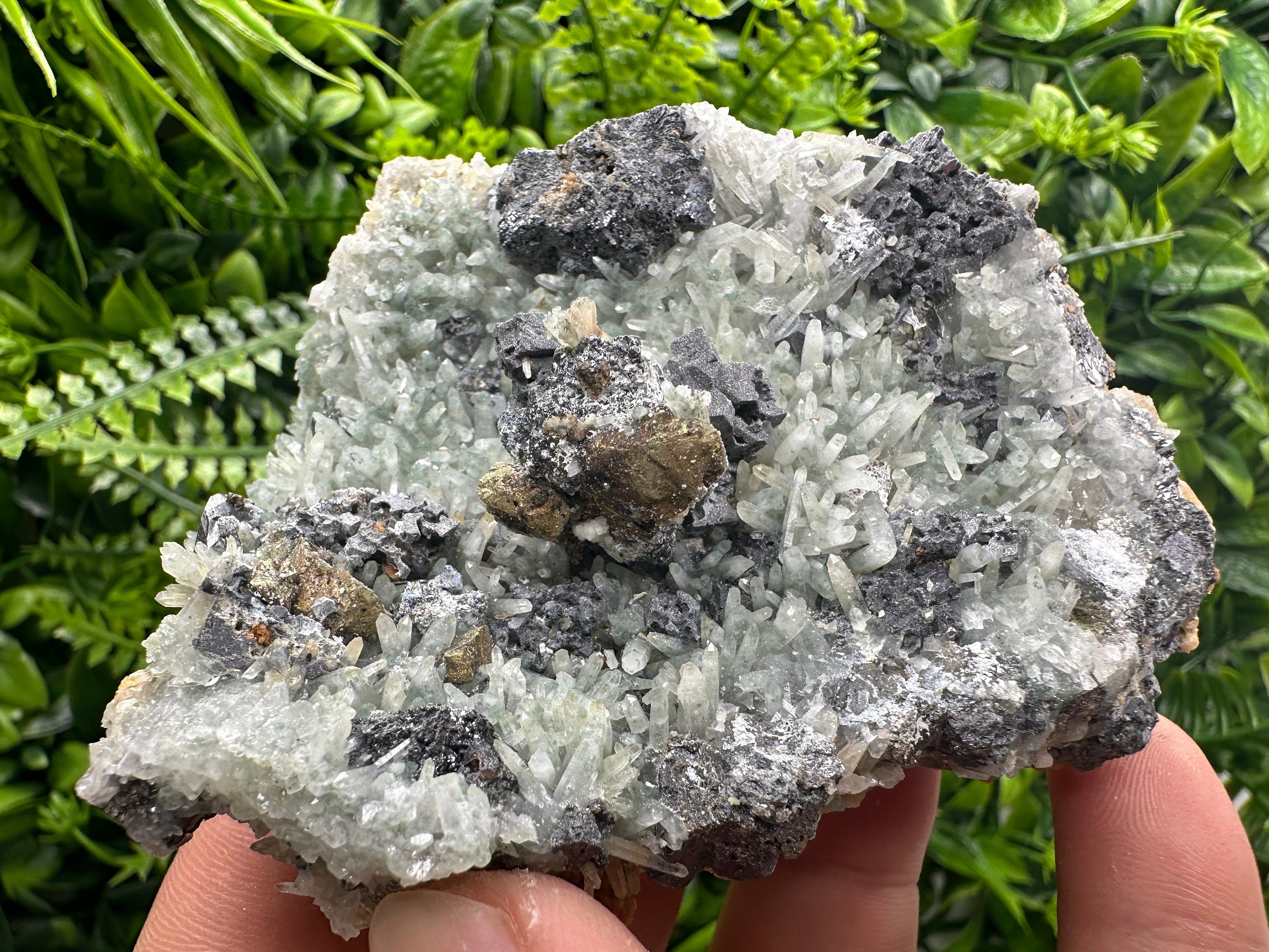 Chalcopyrite Galena on Green Quartz, Bulgaria Mineral Specimen