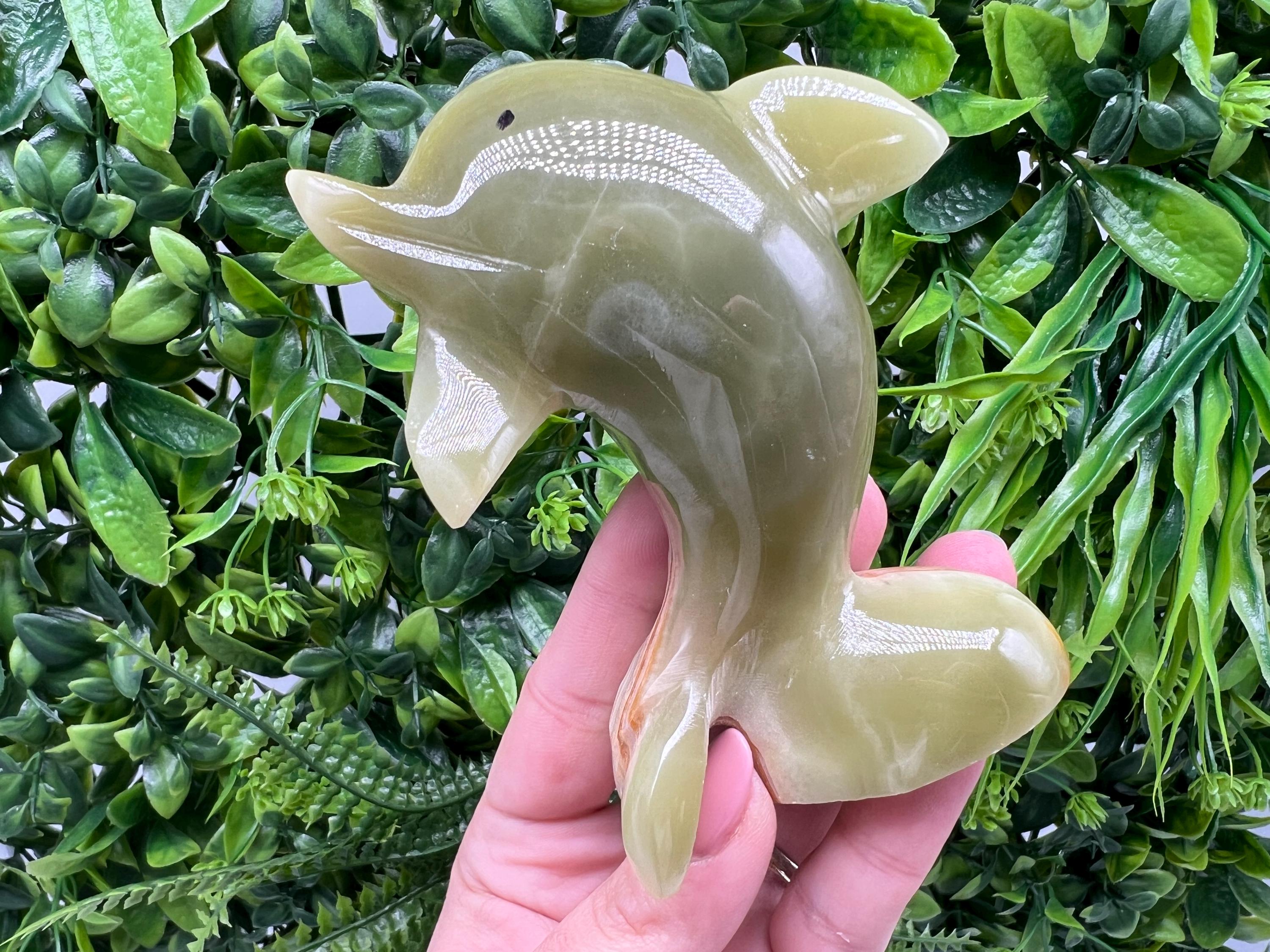 Vintage Onyx Marble Dolphin Figurine: Green & Brown Home Decor