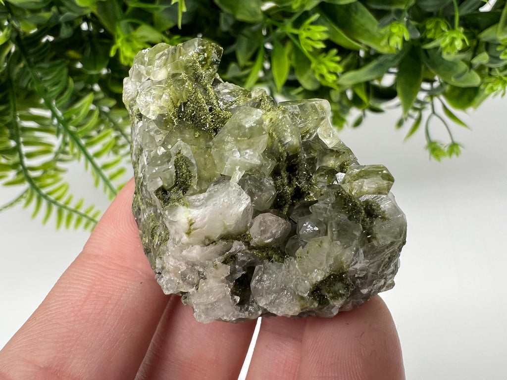 Green Epidote with Quartz Crystals: Sparkly Rainbow Stone, Turkey