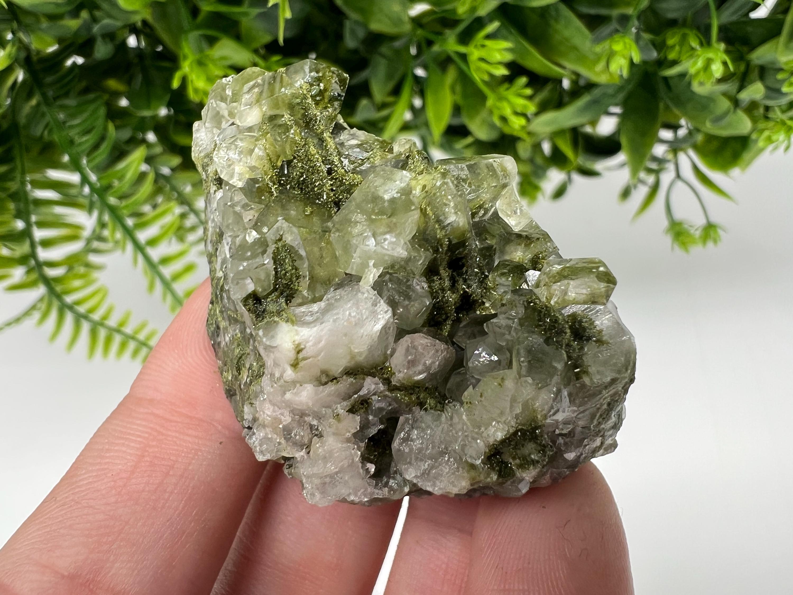 Green Epidote with Quartz Crystals: Sparkly Rainbow Stone, Turkey