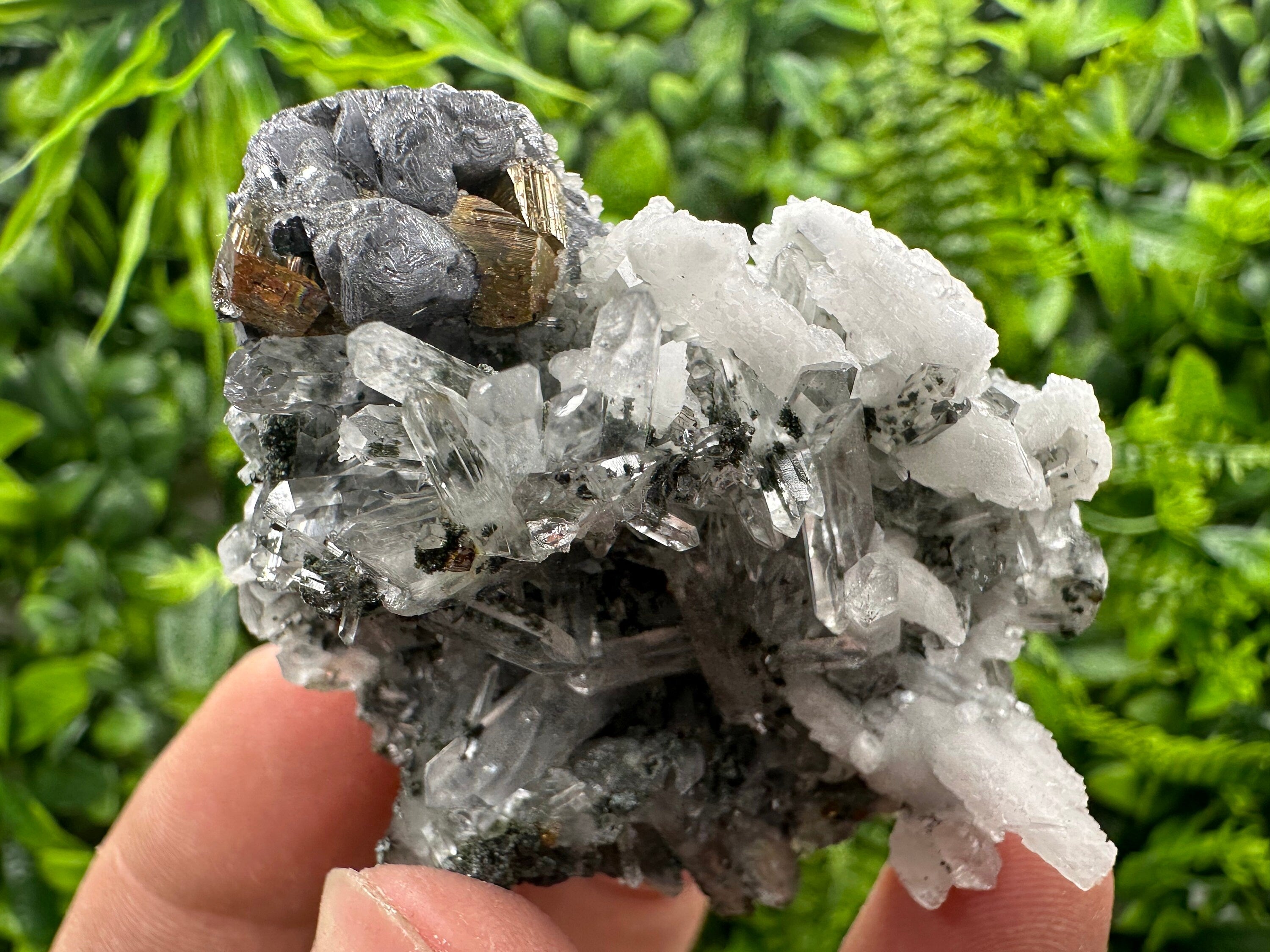 Fluorescent Galena Pyrite Calcite on Quartz - Borieva Madan Mineral