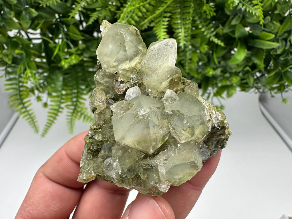 Rare Green Epidote with Quartz Crystals: Sparkly Rainbow Stone Decor