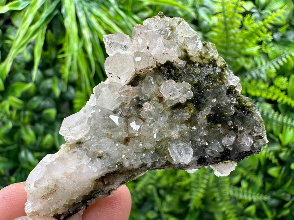 Rare Green Epidote with Quartz Crystals: Sparkly Rainbow Stone Decor