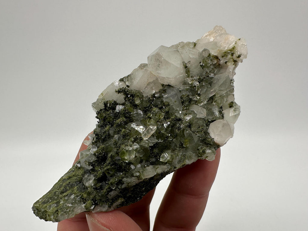 Rare Green Epidote with Quartz Crystals: Sparkly Rainbow Mineral Decor