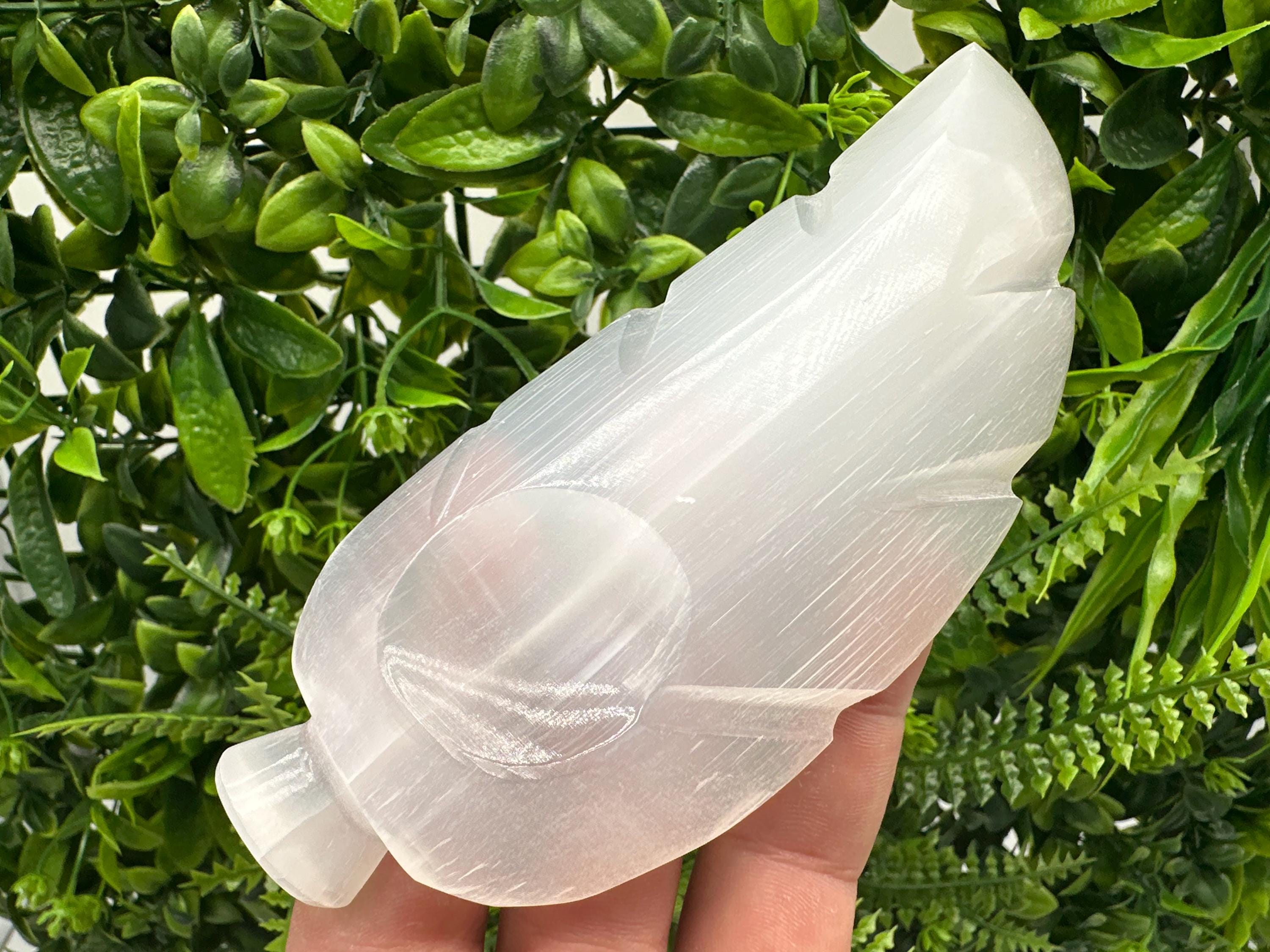 Hand Carved Selenite Leaf Jewelry Holder: Reiki Healing Crystal