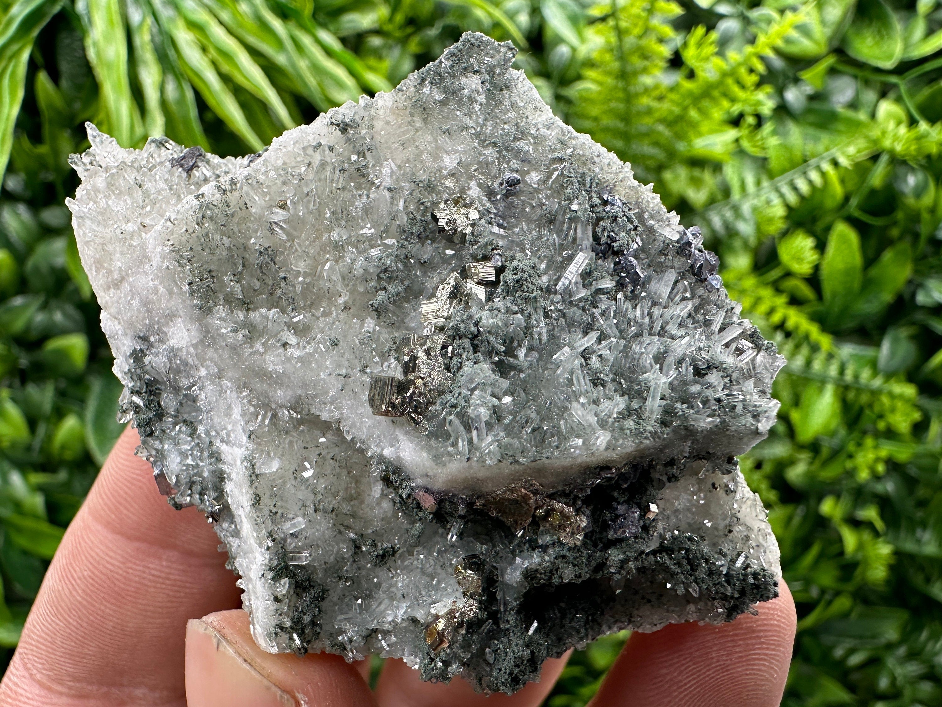 Pyrite on Green Quartz Mineral Specimen, Borieva Mine Bulgaria