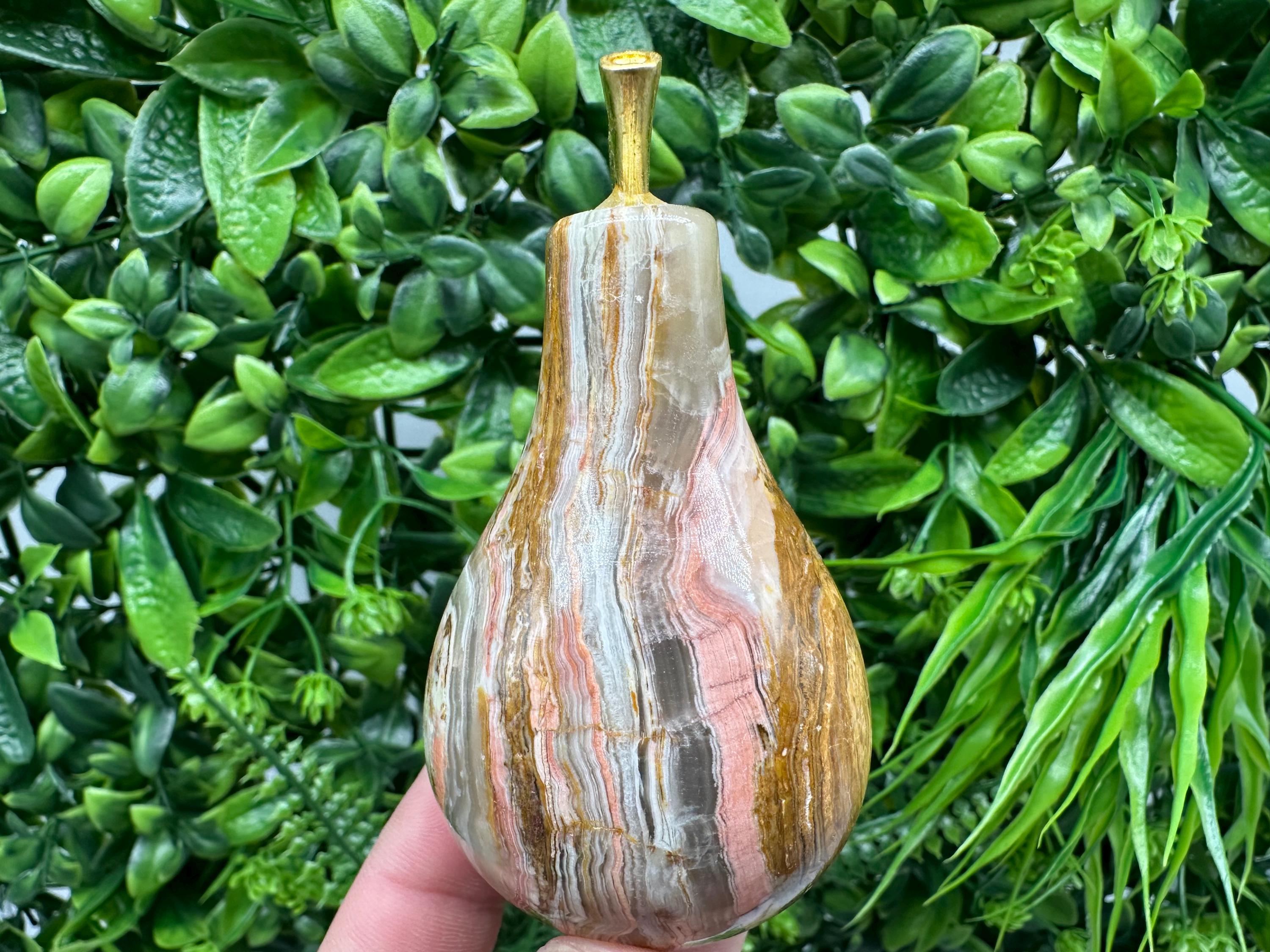 Handcrafted Marbled Onyx Pear Sculpture: Natural Stone Decor