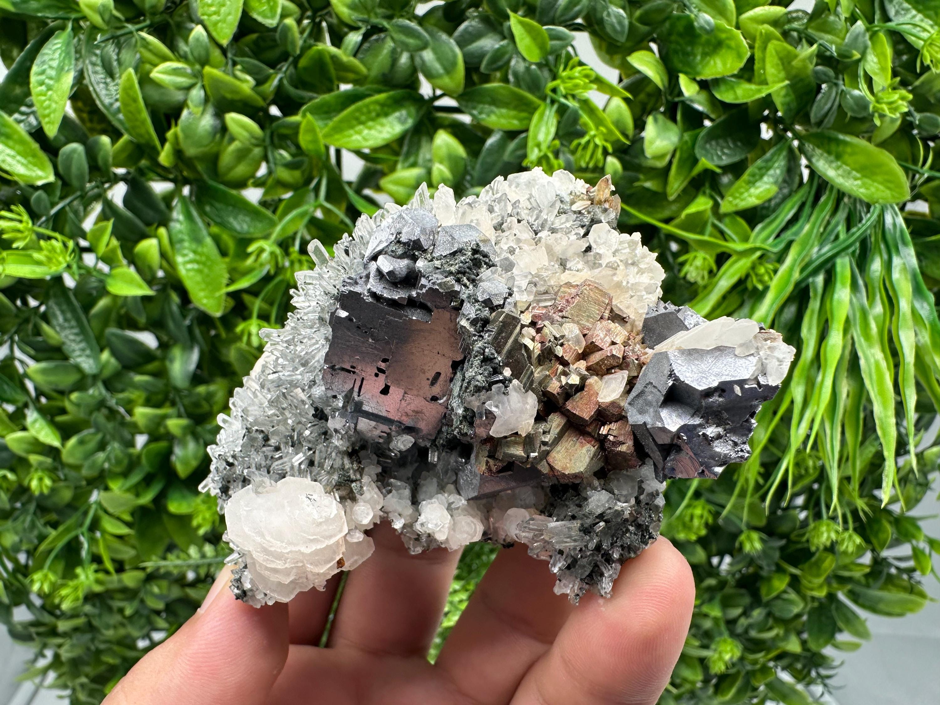Galena Sphalerite Calcite on Quartz: Borieva Mine Crystal Decor