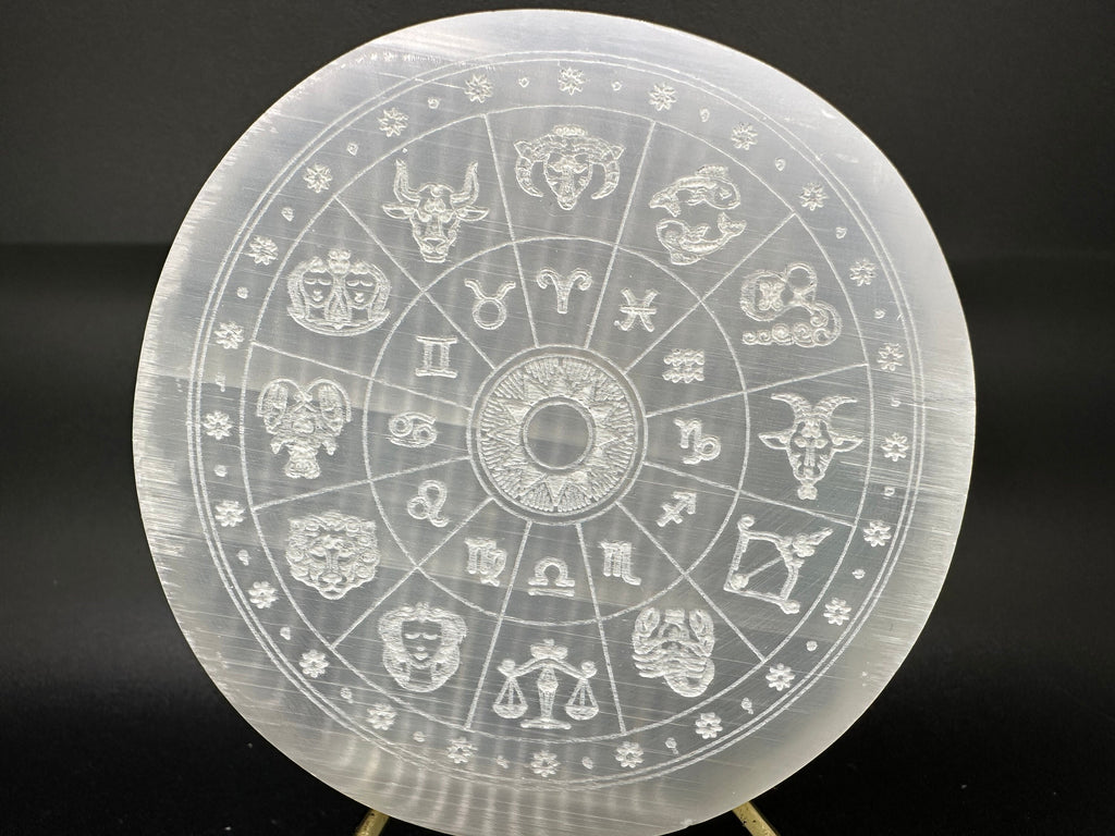 Natural Selenite Zodiac Disc (8/8cm): Engraved Crystal Decor