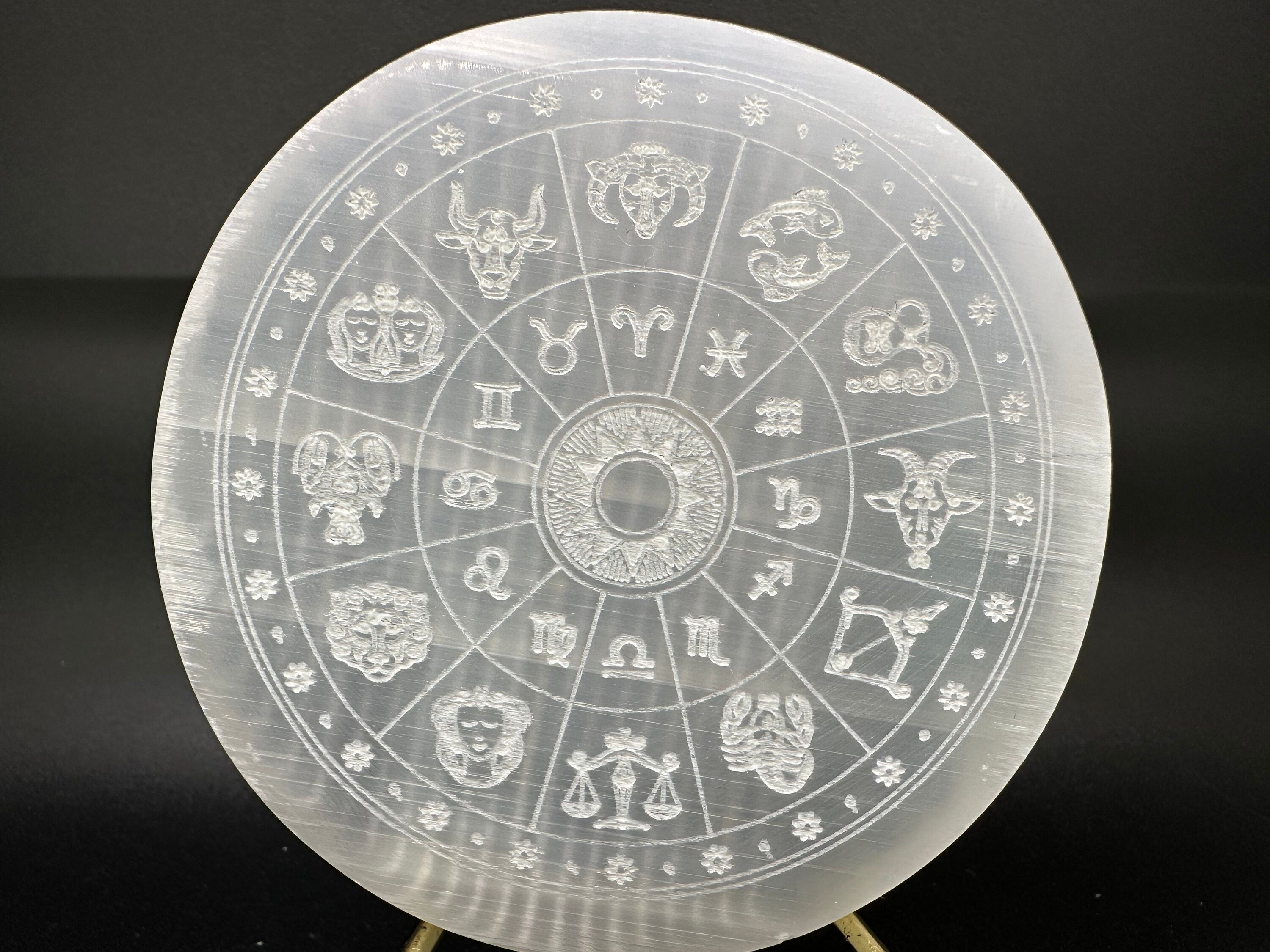 Natural Selenite Zodiac Disc (8/8cm): Engraved Crystal Decor